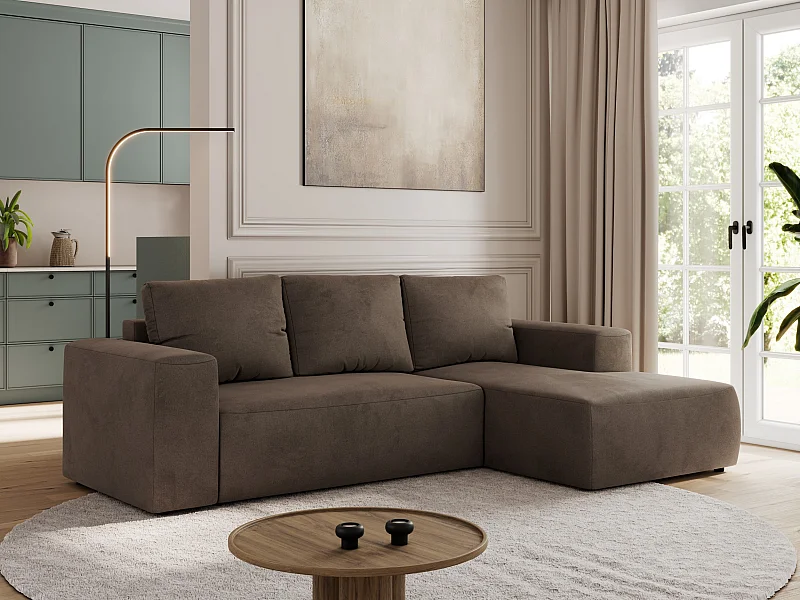 Ecksofa TRENTINO - mit Schlaffunktion und Bettkasten, L-form Couch, lose Kissen und Armlehnen - Braun Velvet - Ecke Rechts