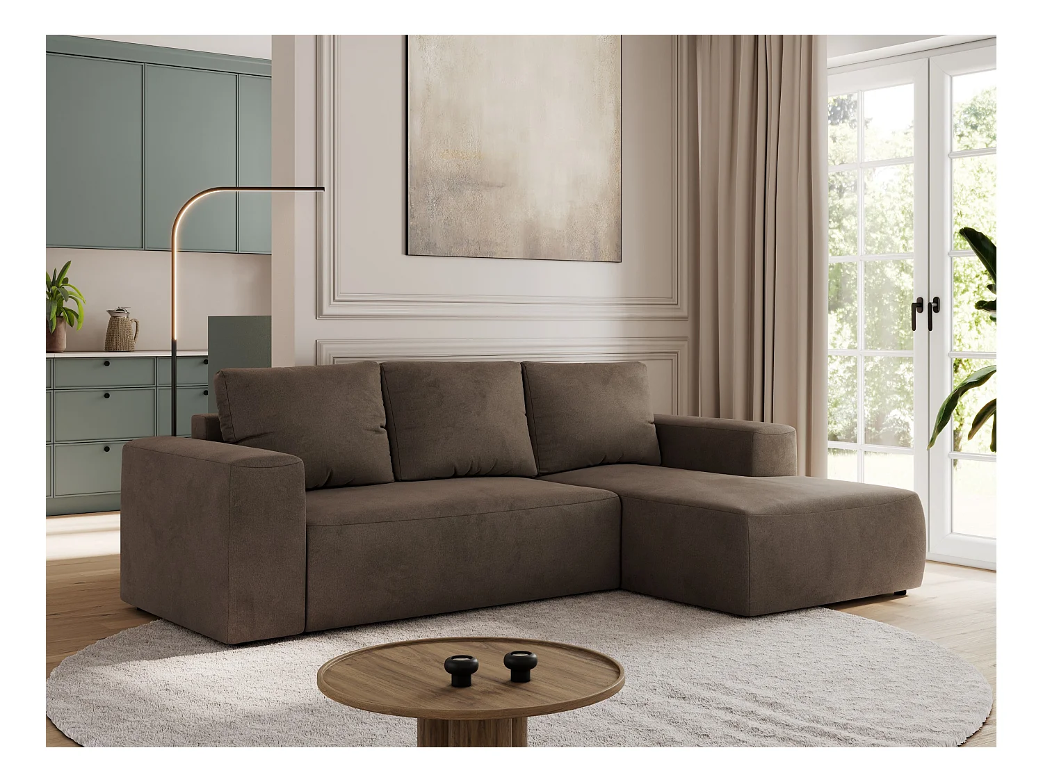 Ecksofa TRENTINO - mit Schlaffunktion und Bettkasten, L-form Couch, lose Kissen und Armlehnen - Braun Velvet - Ecke Rechts