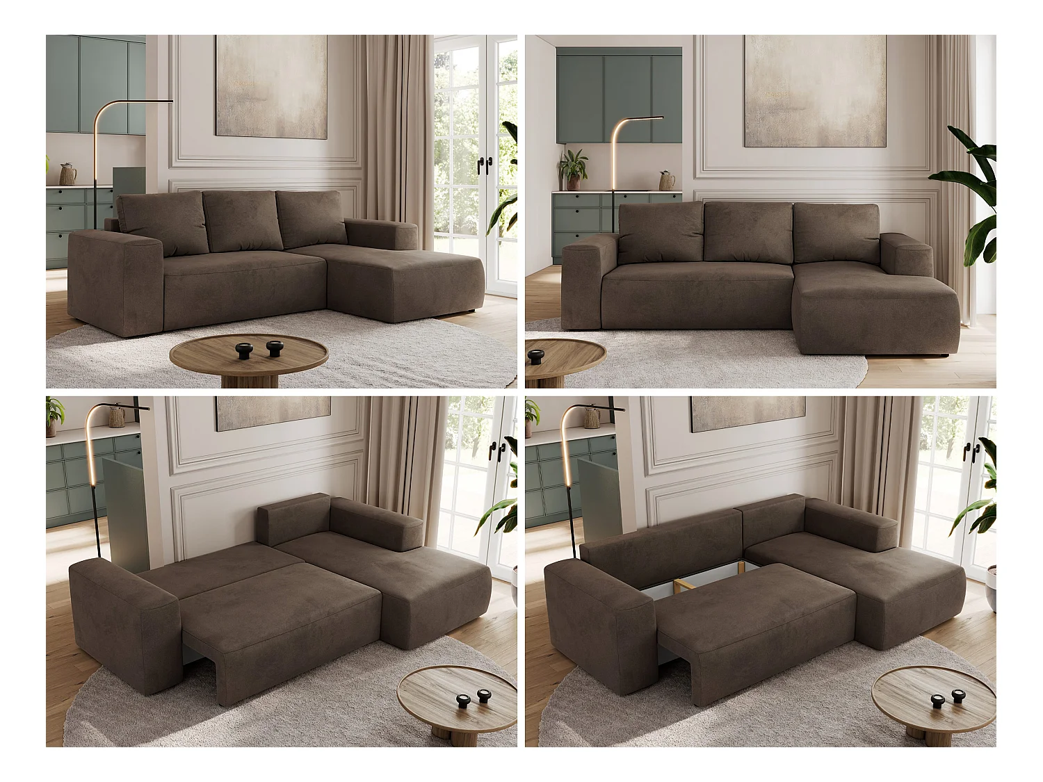 Ecksofa TRENTINO - mit Schlaffunktion und Bettkasten, L-form Couch, lose Kissen und Armlehnen - Braun Velvet - Ecke Rechts