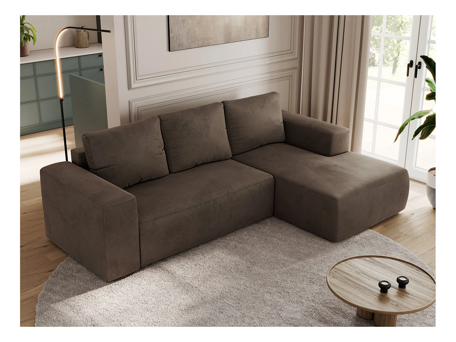 Ecksofa TRENTINO - mit Schlaffunktion und Bettkasten, L-form Couch, lose Kissen und Armlehnen - Braun Velvet - Ecke Rechts