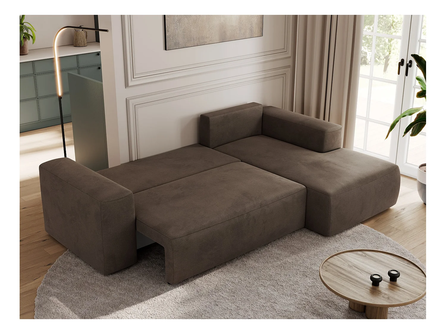 Ecksofa TRENTINO - mit Schlaffunktion und Bettkasten, L-form Couch, lose Kissen und Armlehnen - Braun Velvet - Ecke Rechts