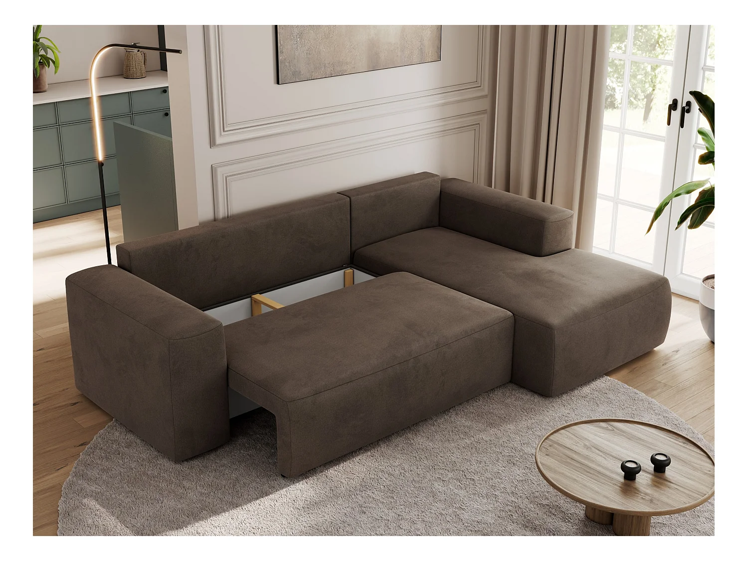 Ecksofa TRENTINO - mit Schlaffunktion und Bettkasten, L-form Couch, lose Kissen und Armlehnen - Braun Velvet - Ecke Rechts