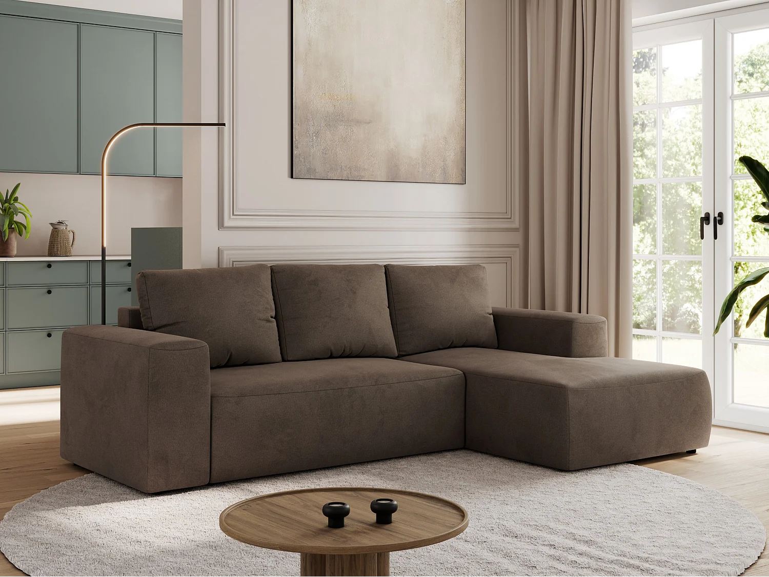 Ecksofa TRENTINO - mit Schlaffunktion und Bettkasten, L-form Couch, lose Kissen und Armlehnen - Braun Velvet - Ecke Rechts