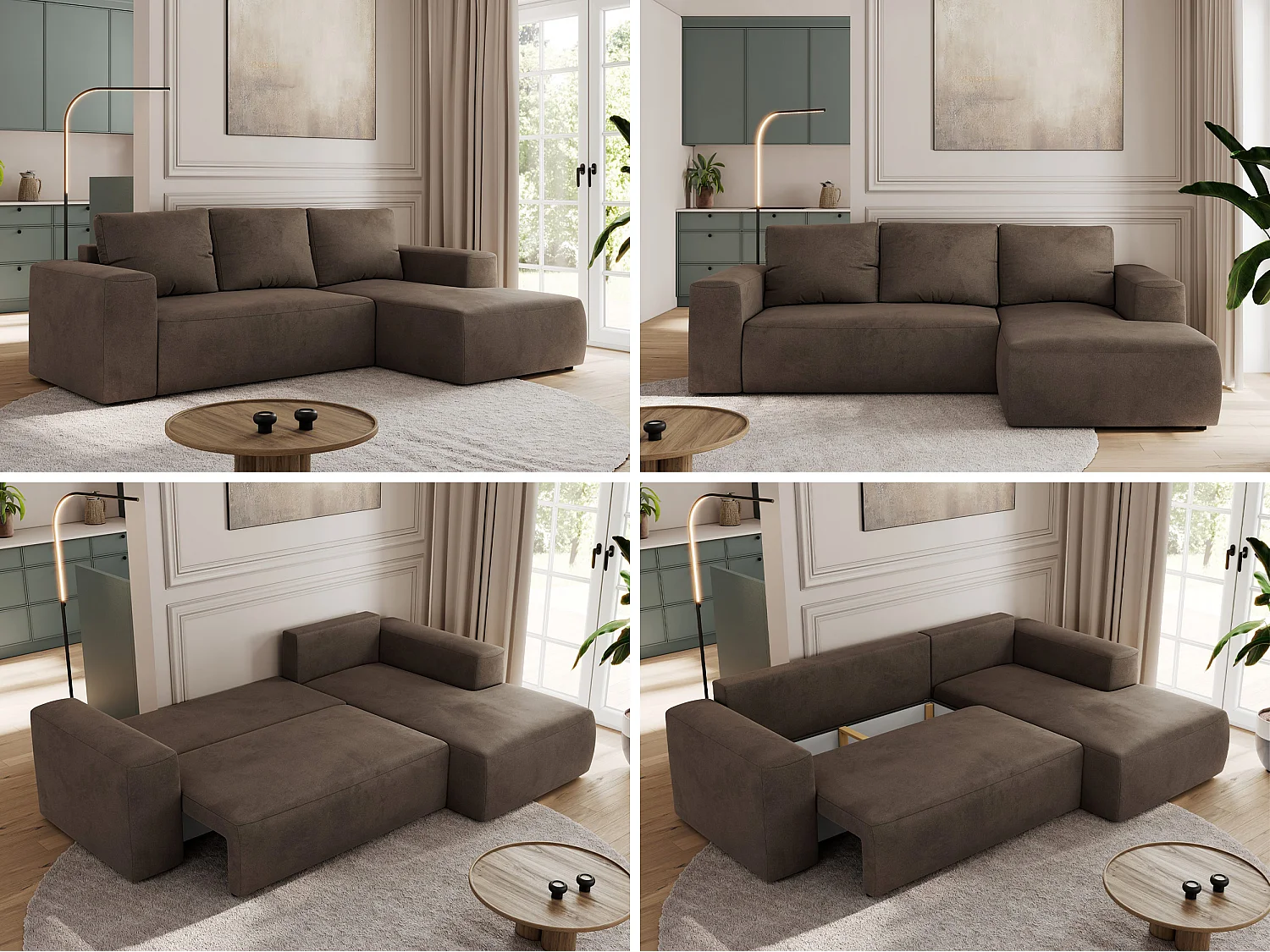 Ecksofa TRENTINO - mit Schlaffunktion und Bettkasten, L-form Couch, lose Kissen und Armlehnen - Braun Velvet - Ecke Rechts