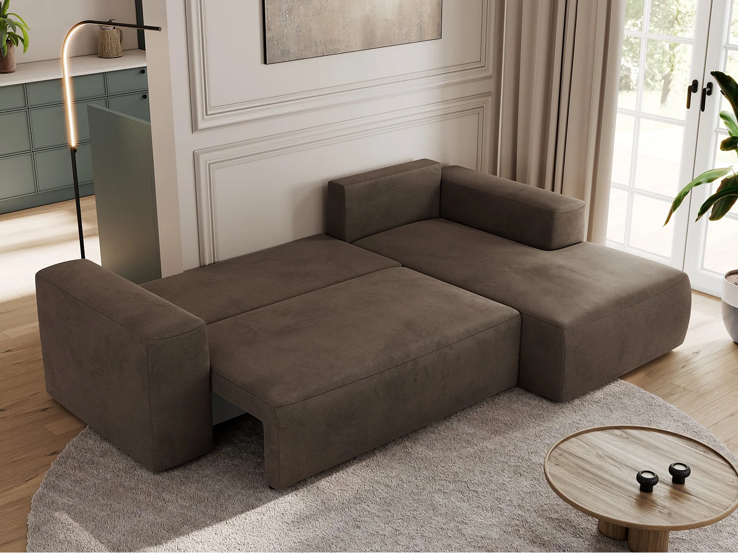 Ecksofa TRENTINO - mit Schlaffunktion und Bettkasten, L-form Couch, lose Kissen und Armlehnen - Braun Velvet - Ecke Rechts