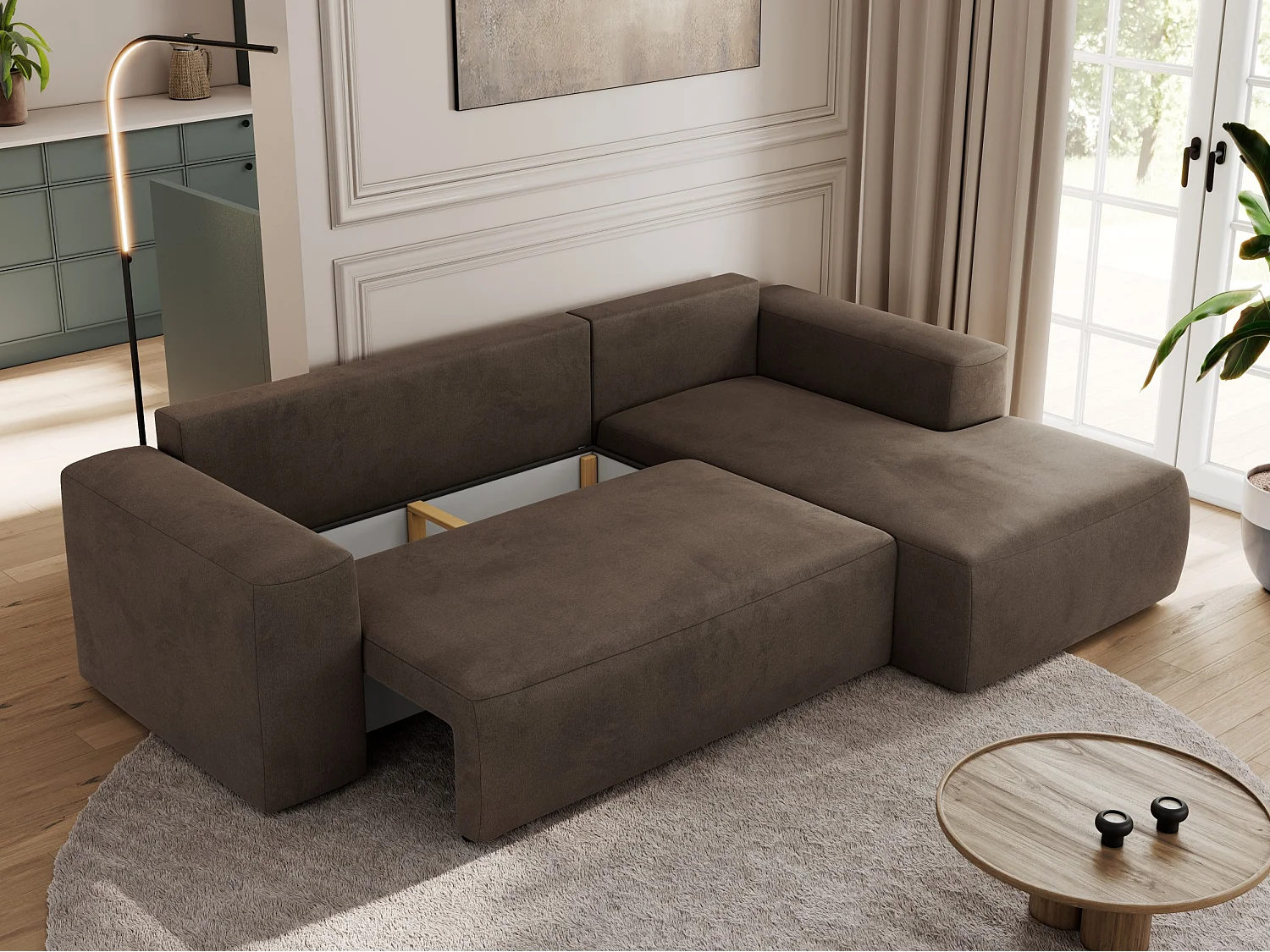 Ecksofa TRENTINO - mit Schlaffunktion und Bettkasten, L-form Couch, lose Kissen und Armlehnen - Braun Velvet - Ecke Rechts