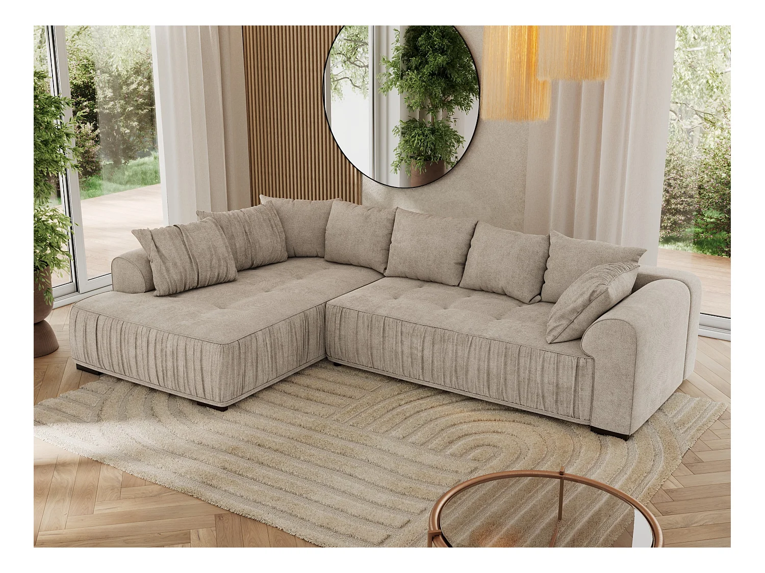 Ecksofa ORTA - Schlaffunktion und Bettkasten, lose Kissen, gesteppter Sitz, L-förmige Ecke - Beige Stukture - Ecke Links