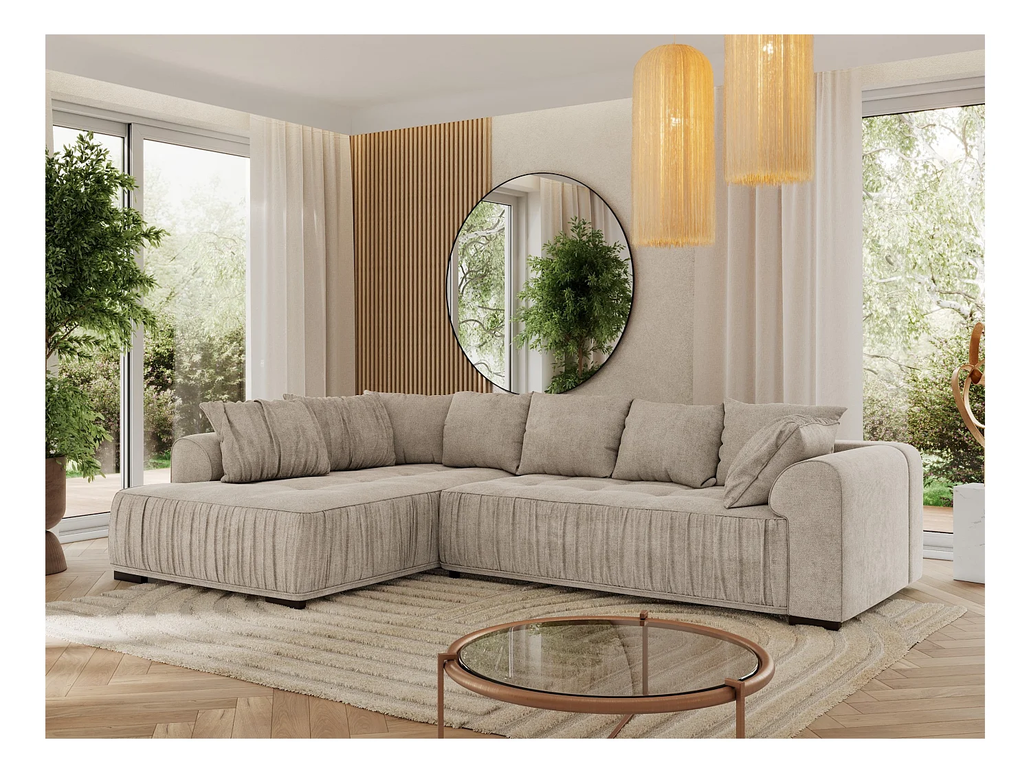 Ecksofa ORTA - Schlaffunktion und Bettkasten, lose Kissen, gesteppter Sitz, L-förmige Ecke - Beige Stukture - Ecke Links