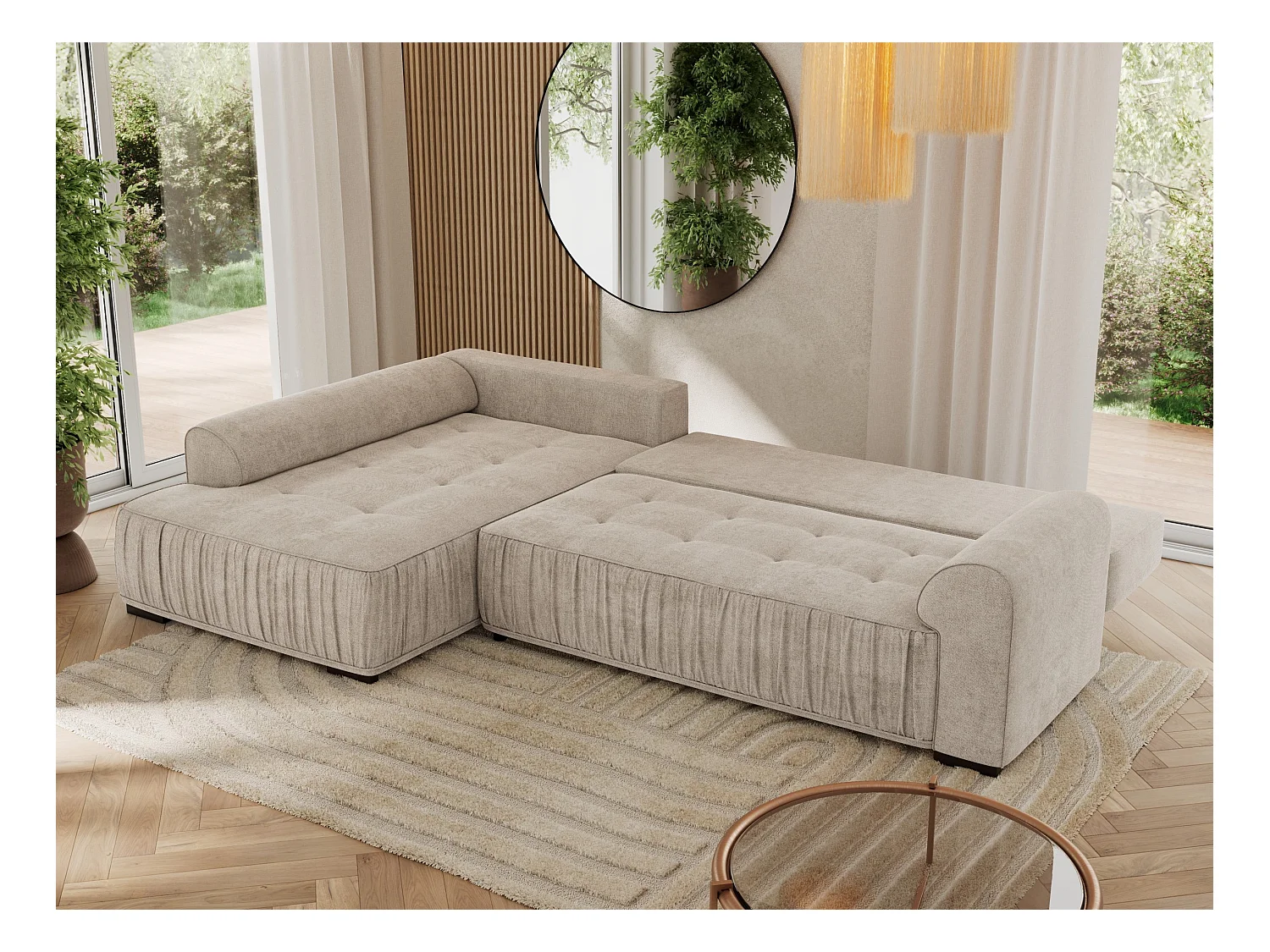 Ecksofa ORTA - Schlaffunktion und Bettkasten, lose Kissen, gesteppter Sitz, L-förmige Ecke - Beige Stukture - Ecke Links