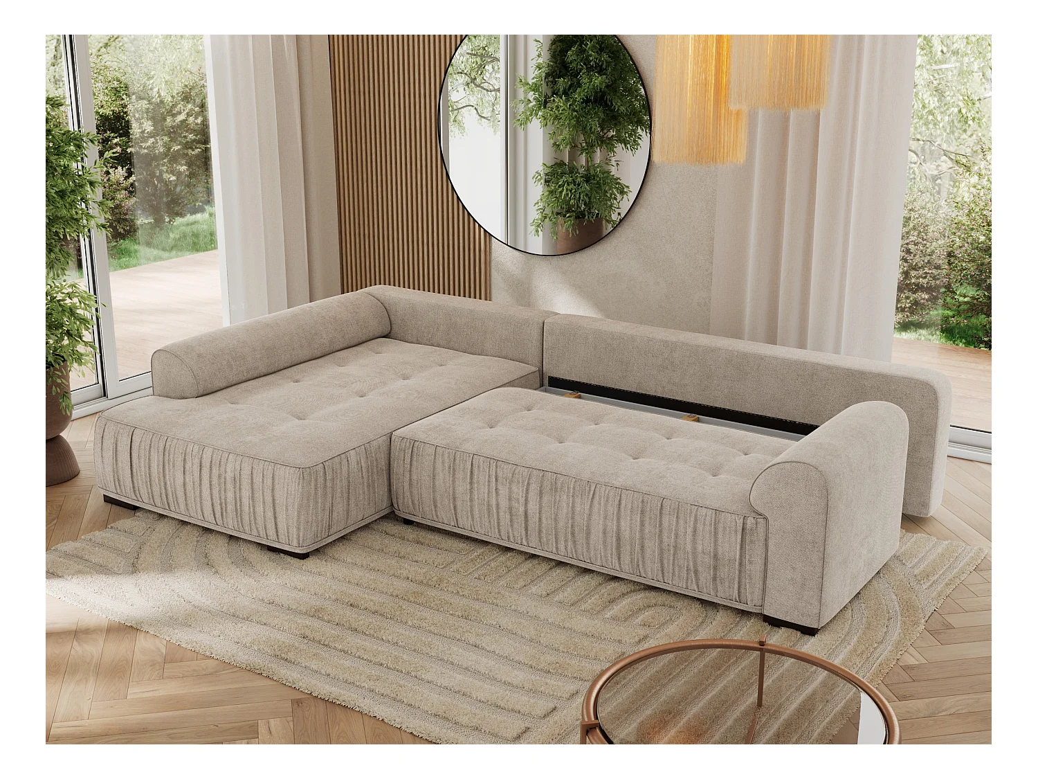 Ecksofa ORTA - Schlaffunktion und Bettkasten, lose Kissen, gesteppter Sitz, L-förmige Ecke - Beige Stukture - Ecke Links