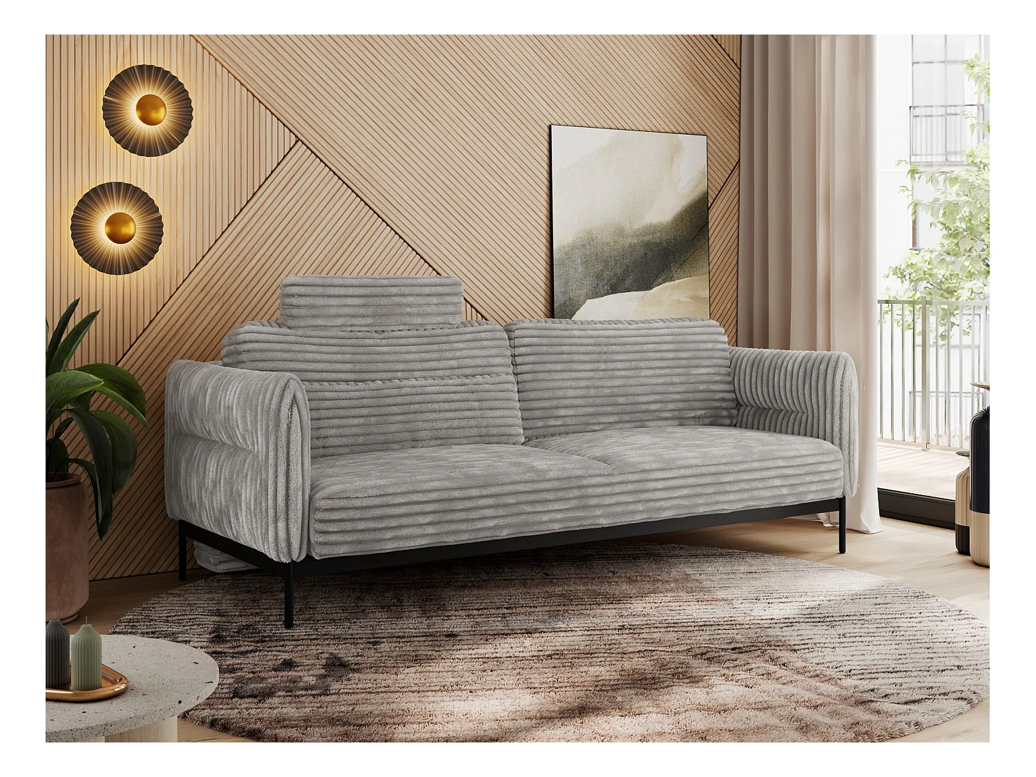 Sofa SALENTO - 3-Sitzer mit Metallbeine, mobile Kopfstütze, Schlafsofa mit lose Kissen - Hellgrau Cord