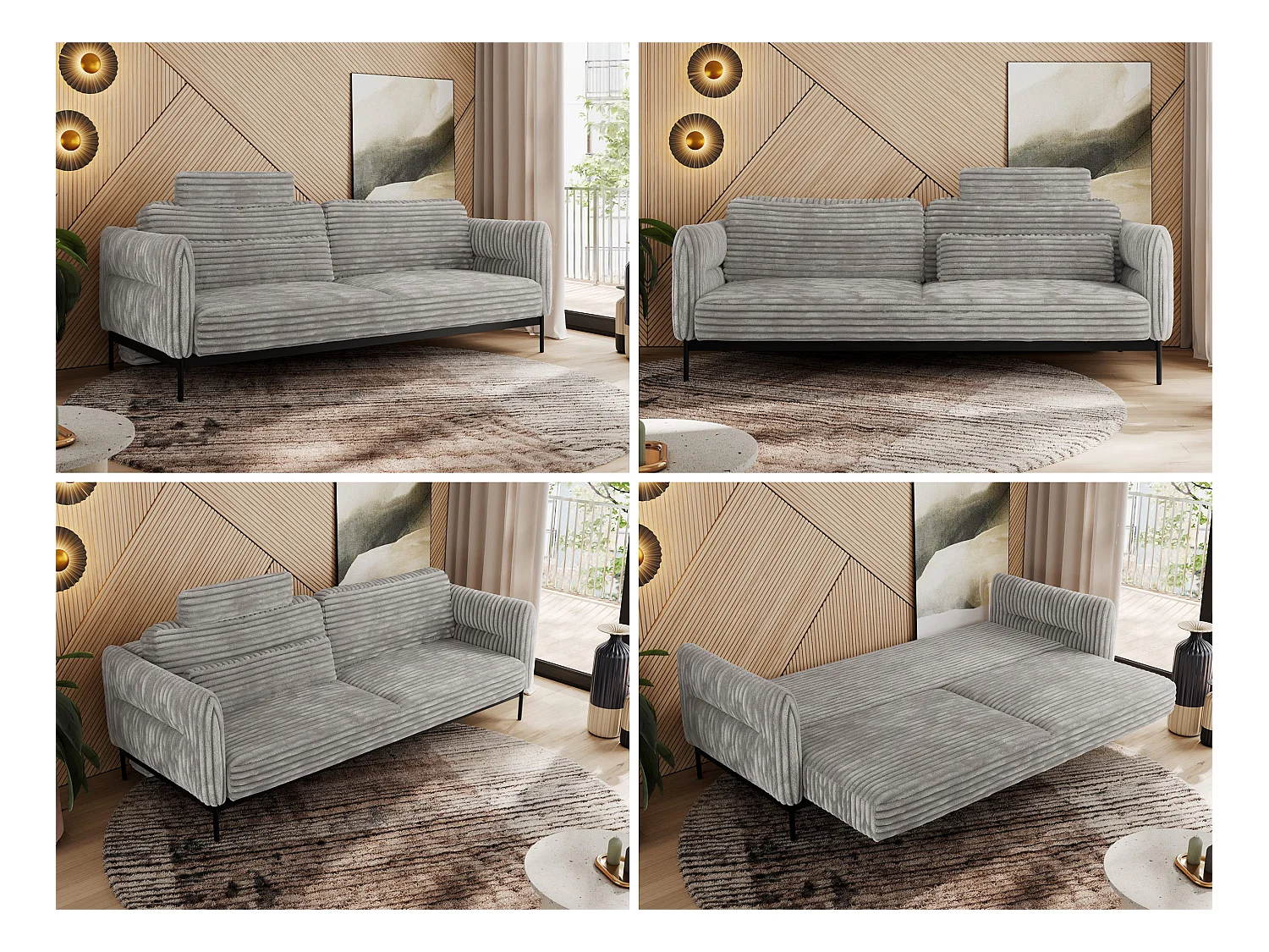 Sofa SALENTO - 3-Sitzer mit Metallbeine, mobile Kopfstütze, Schlafsofa mit lose Kissen - Hellgrau Cord