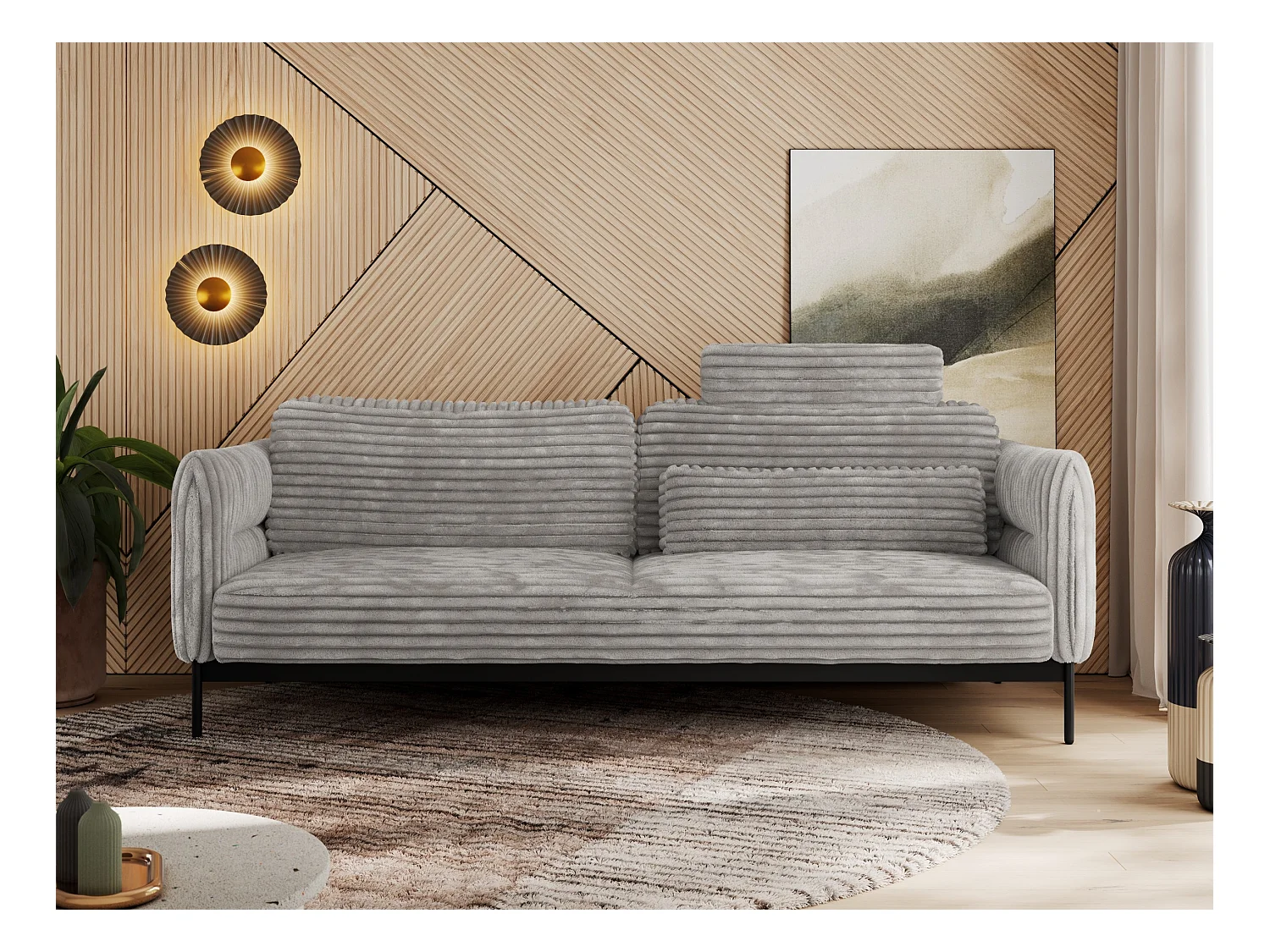 Sofa SALENTO - 3-Sitzer mit Metallbeine, mobile Kopfstütze, Schlafsofa mit lose Kissen - Hellgrau Cord