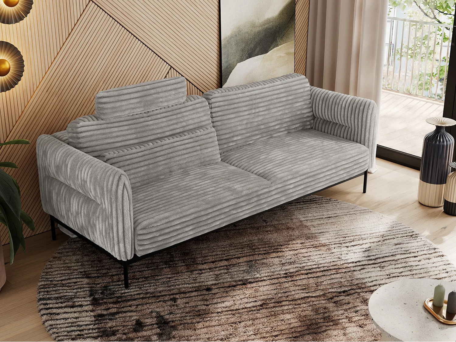 Sofa SALENTO - 3-Sitzer mit Metallbeine, mobile Kopfstütze, Schlafsofa mit lose Kissen - Hellgrau Cord