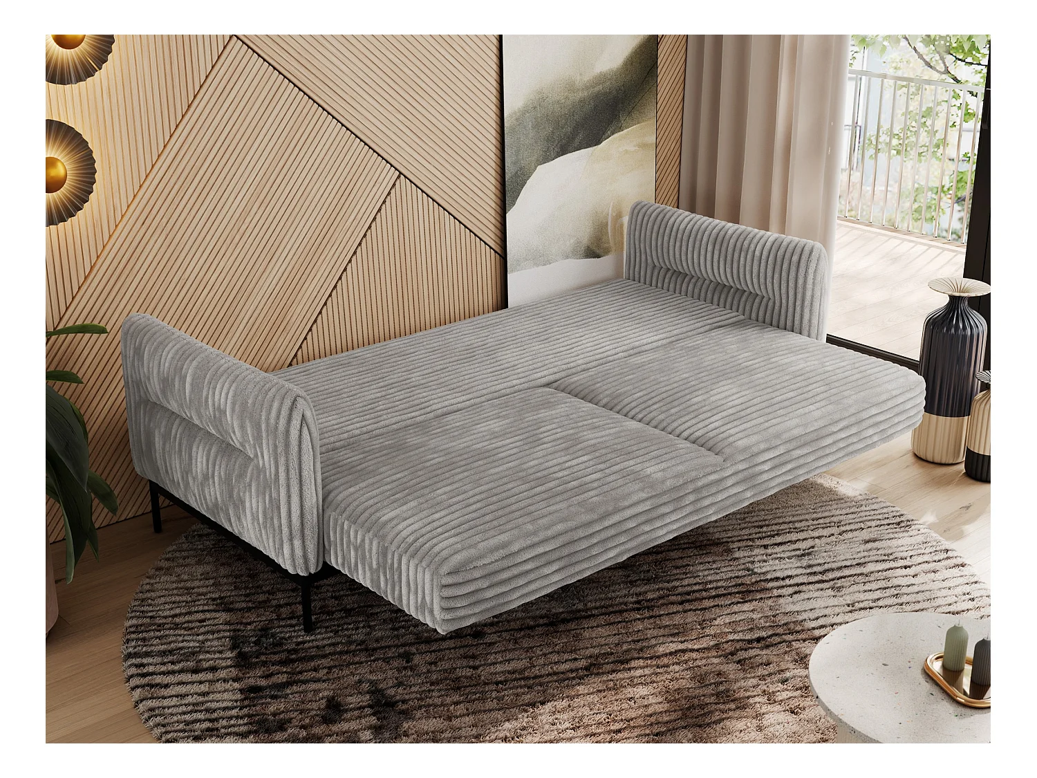 Sofa SALENTO - 3-Sitzer mit Metallbeine, mobile Kopfstütze, Schlafsofa mit lose Kissen - Hellgrau Cord