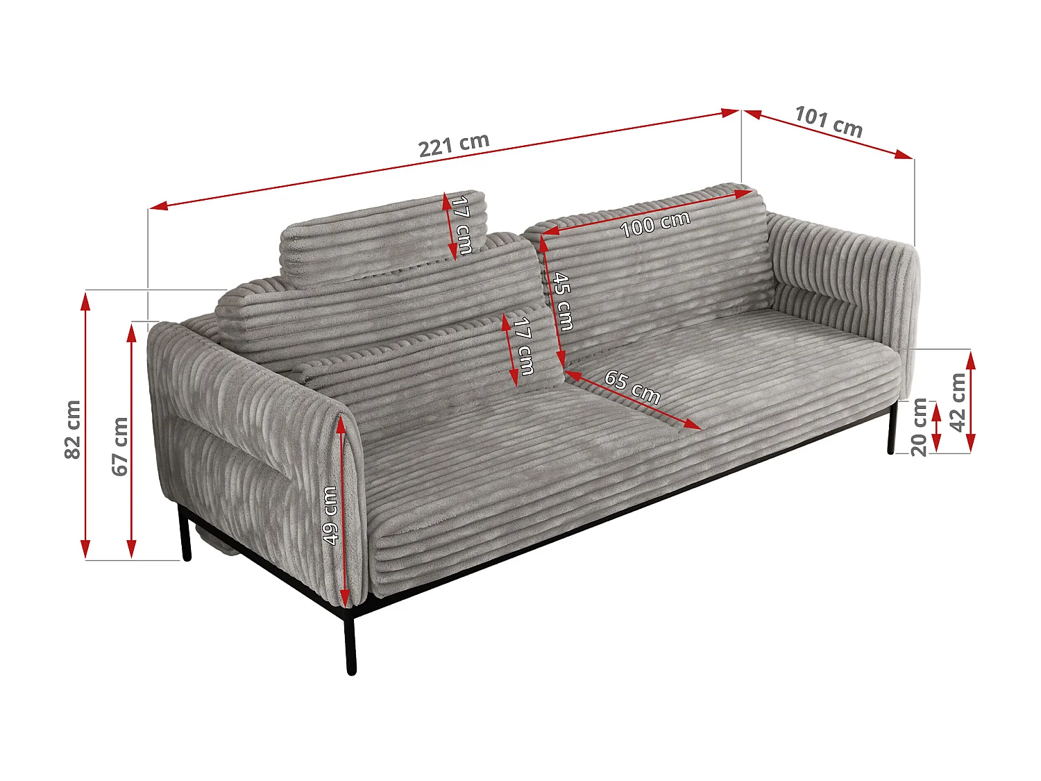 Sofa SALENTO - 3-Sitzer mit Metallbeine, mobile Kopfstütze, Schlafsofa mit lose Kissen - Hellgrau Cord