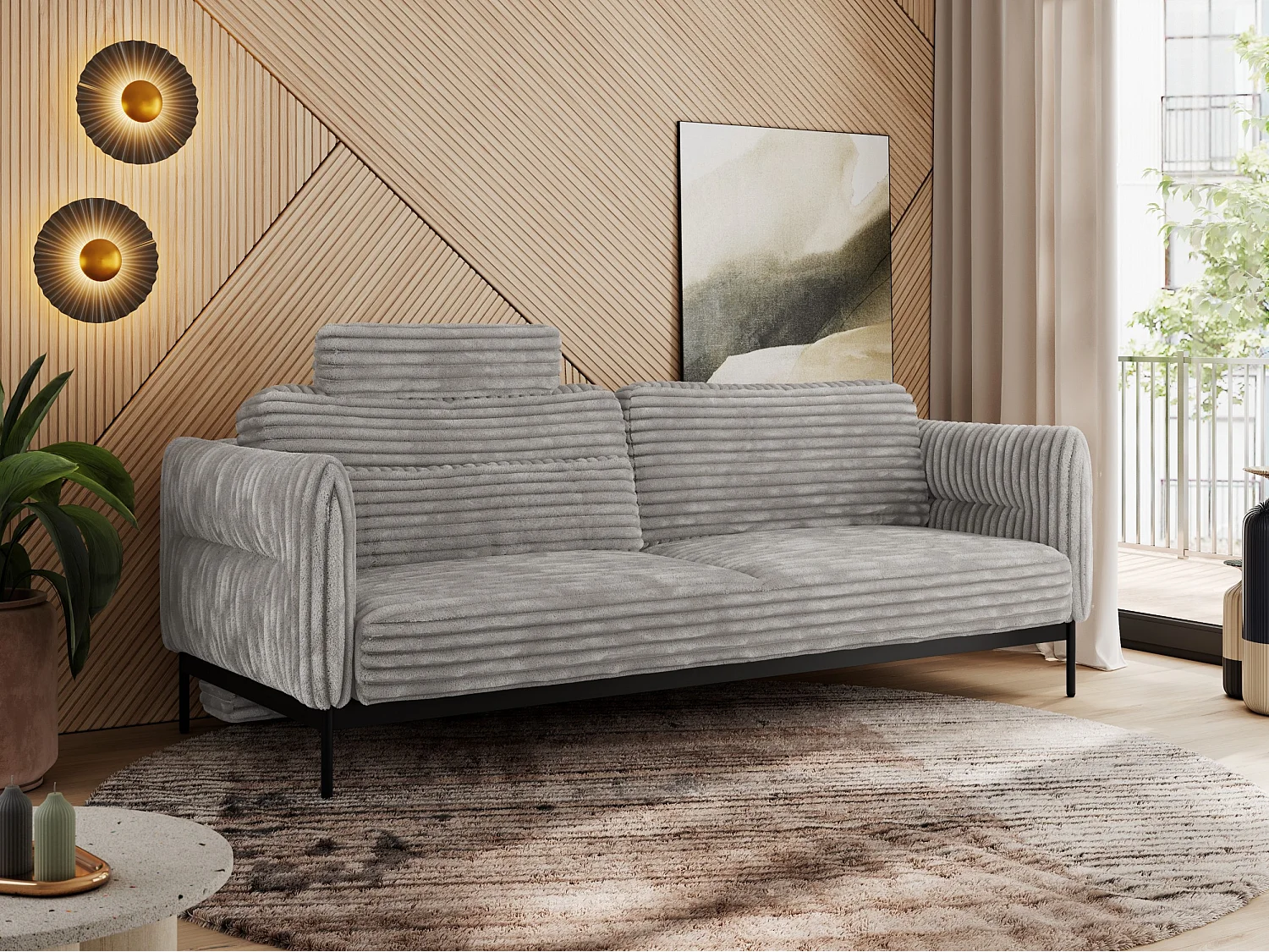 Sofa SALENTO - 3-Sitzer mit Metallbeine, mobile Kopfstütze, Schlafsofa mit lose Kissen - Hellgrau Cord