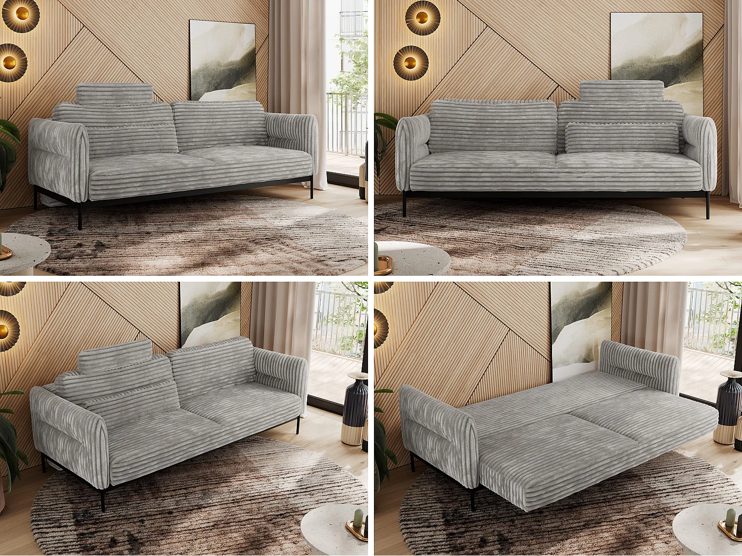 Sofa SALENTO - 3-Sitzer mit Metallbeine, mobile Kopfstütze, Schlafsofa mit lose Kissen - Hellgrau Cord