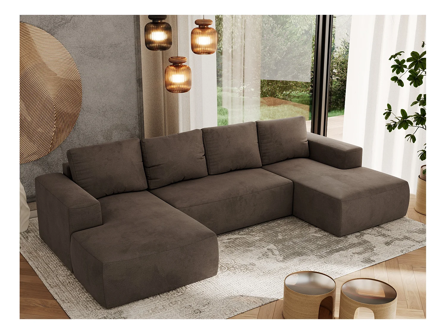 Ecksofa TRENTINO U - mit Schlaffunktion und Bettkasten, U-förmiges Wohnlandschaft, Armlehnen - Braun Velvet