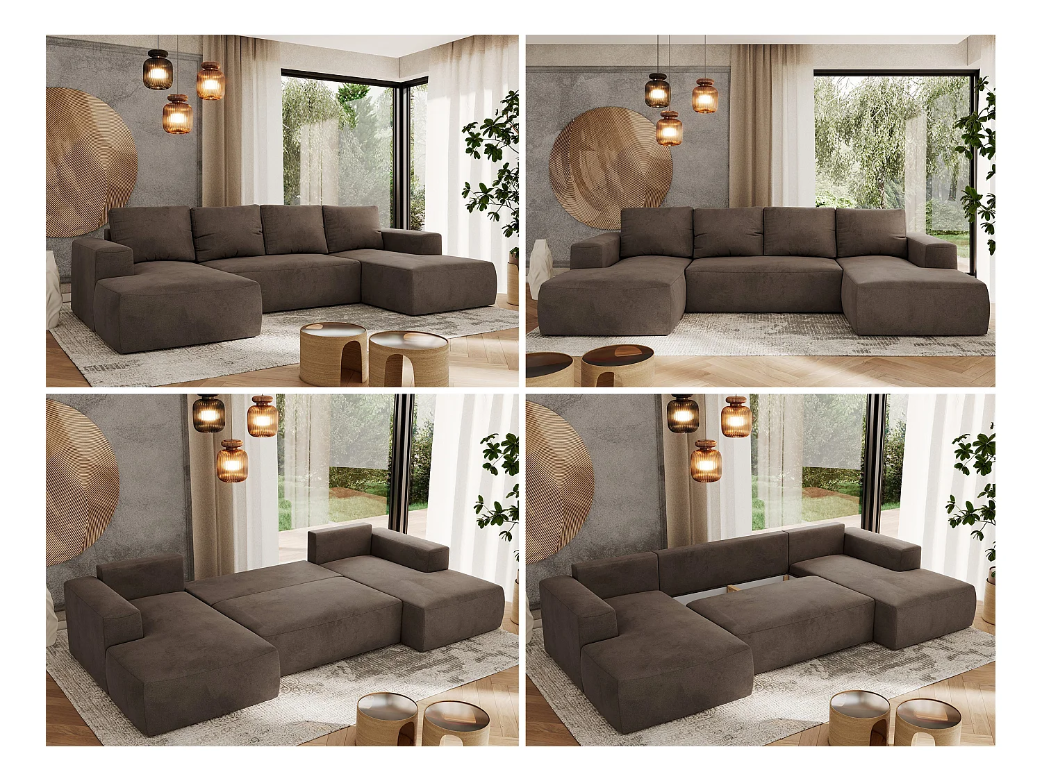 Ecksofa TRENTINO U - mit Schlaffunktion und Bettkasten, U-förmiges Wohnlandschaft, Armlehnen - Braun Velvet