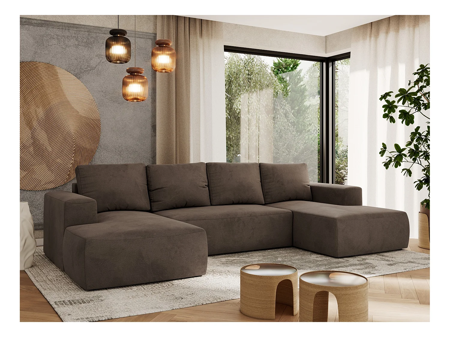 Ecksofa TRENTINO U - mit Schlaffunktion und Bettkasten, U-förmiges Wohnlandschaft, Armlehnen - Braun Velvet