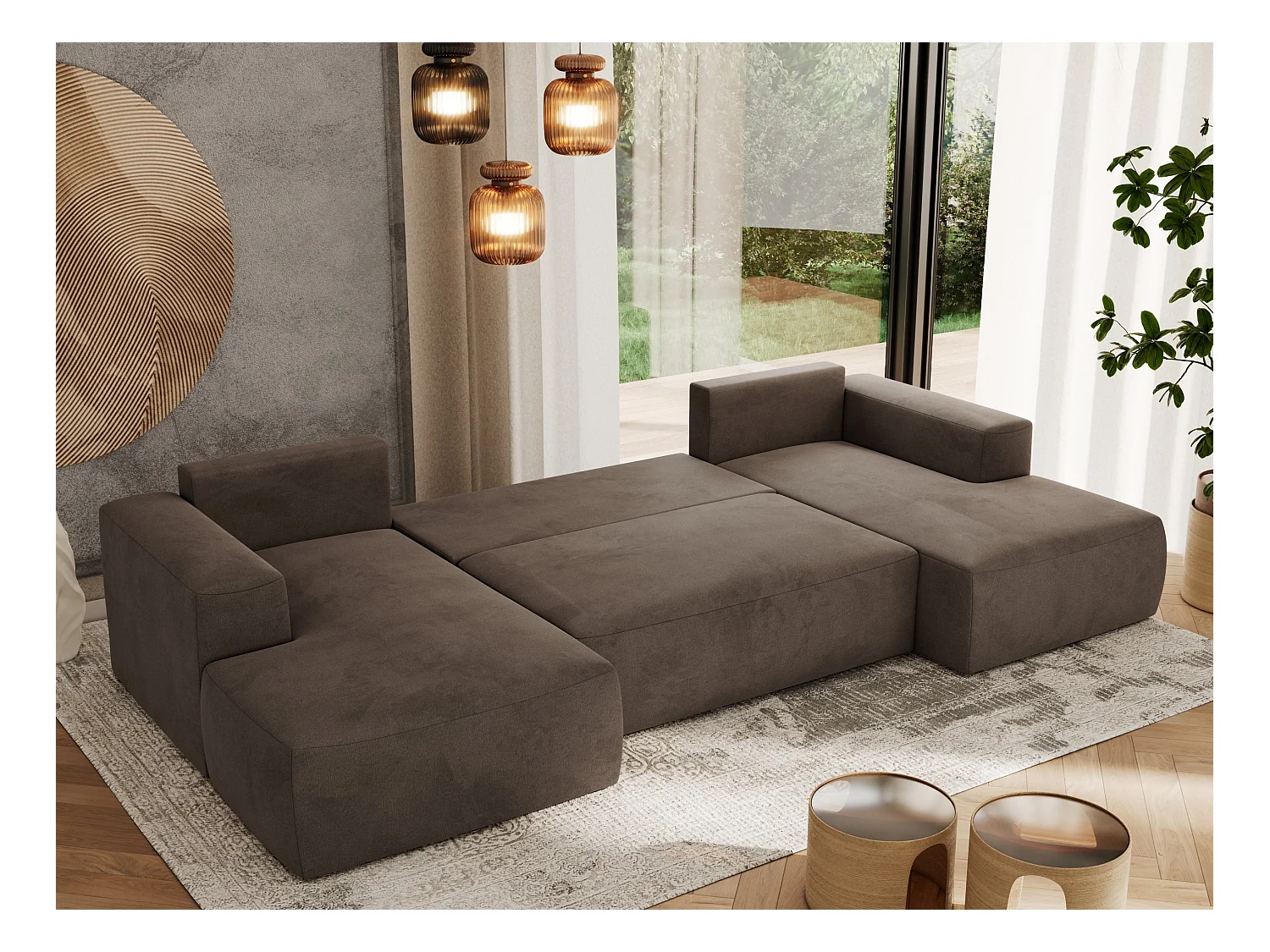 Ecksofa TRENTINO U - mit Schlaffunktion und Bettkasten, U-förmiges Wohnlandschaft, Armlehnen - Braun Velvet