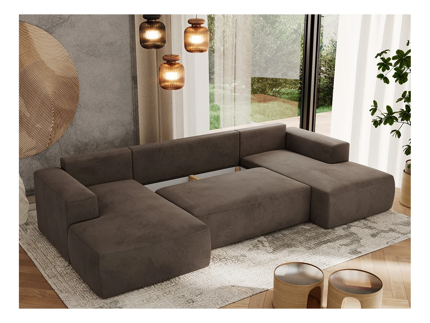 Ecksofa TRENTINO U - mit Schlaffunktion und Bettkasten, U-förmiges Wohnlandschaft, Armlehnen - Braun Velvet
