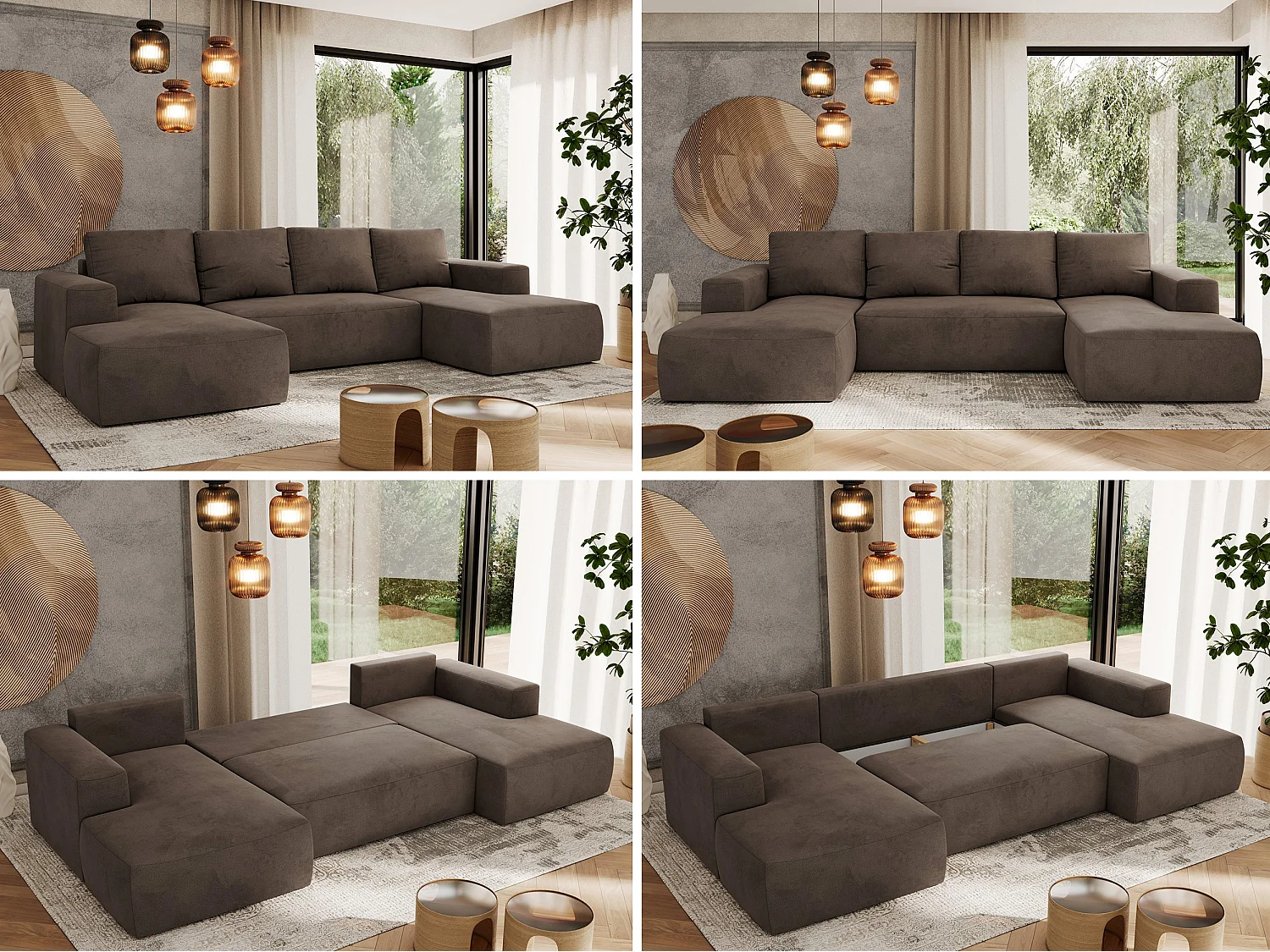 Ecksofa TRENTINO U - mit Schlaffunktion und Bettkasten, U-förmiges Wohnlandschaft, Armlehnen - Braun Velvet