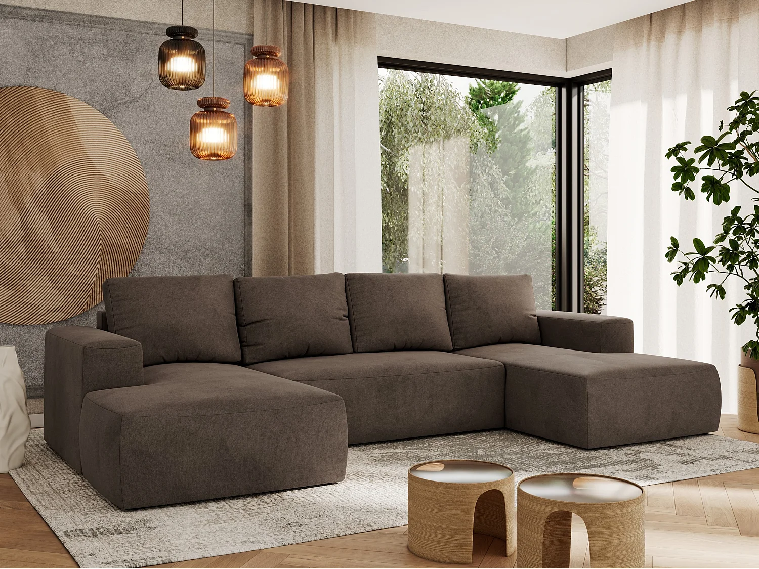 Ecksofa TRENTINO U - mit Schlaffunktion und Bettkasten, U-förmiges Wohnlandschaft, Armlehnen - Braun Velvet