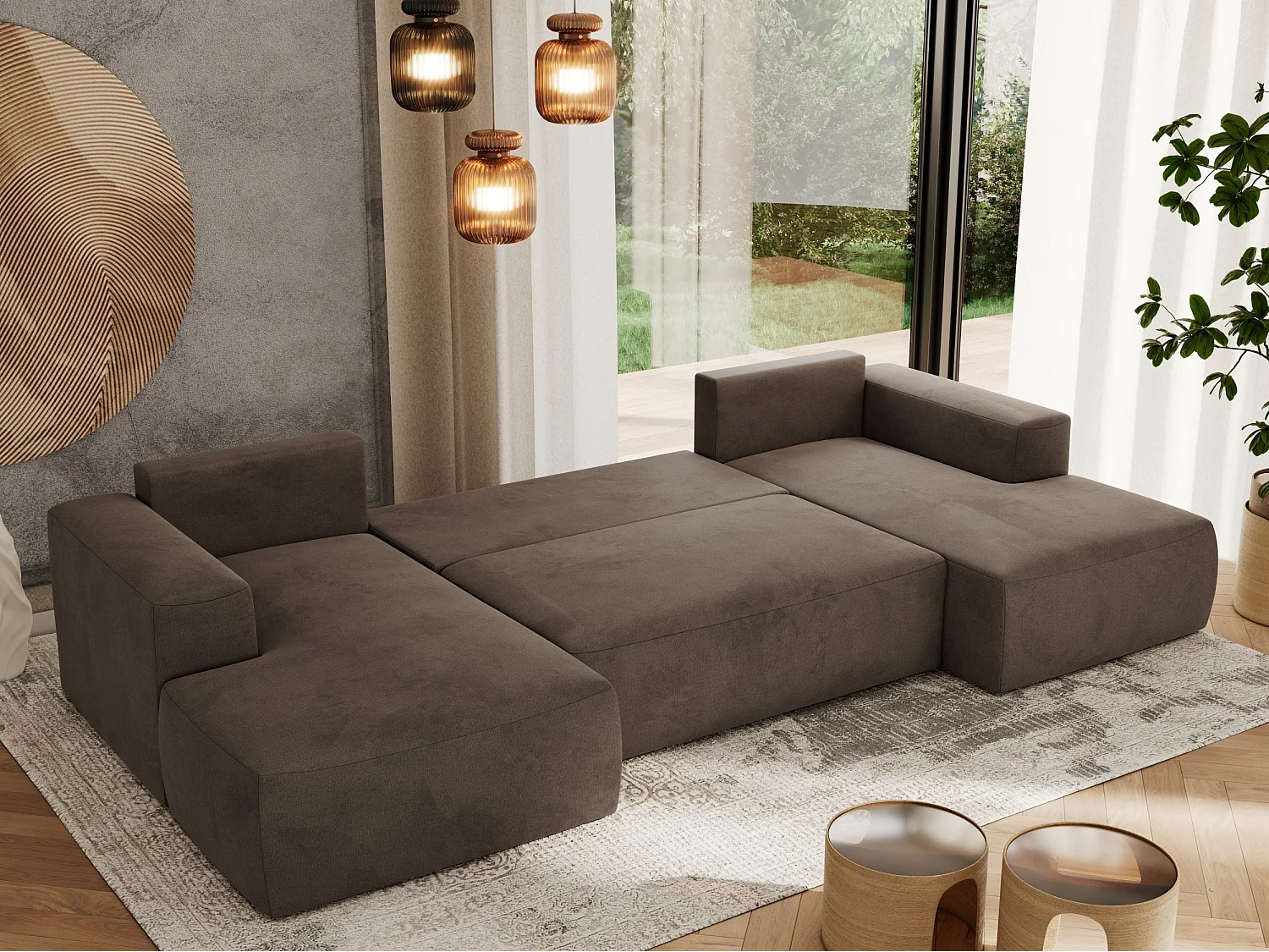 Ecksofa TRENTINO U - mit Schlaffunktion und Bettkasten, U-förmiges Wohnlandschaft, Armlehnen - Braun Velvet