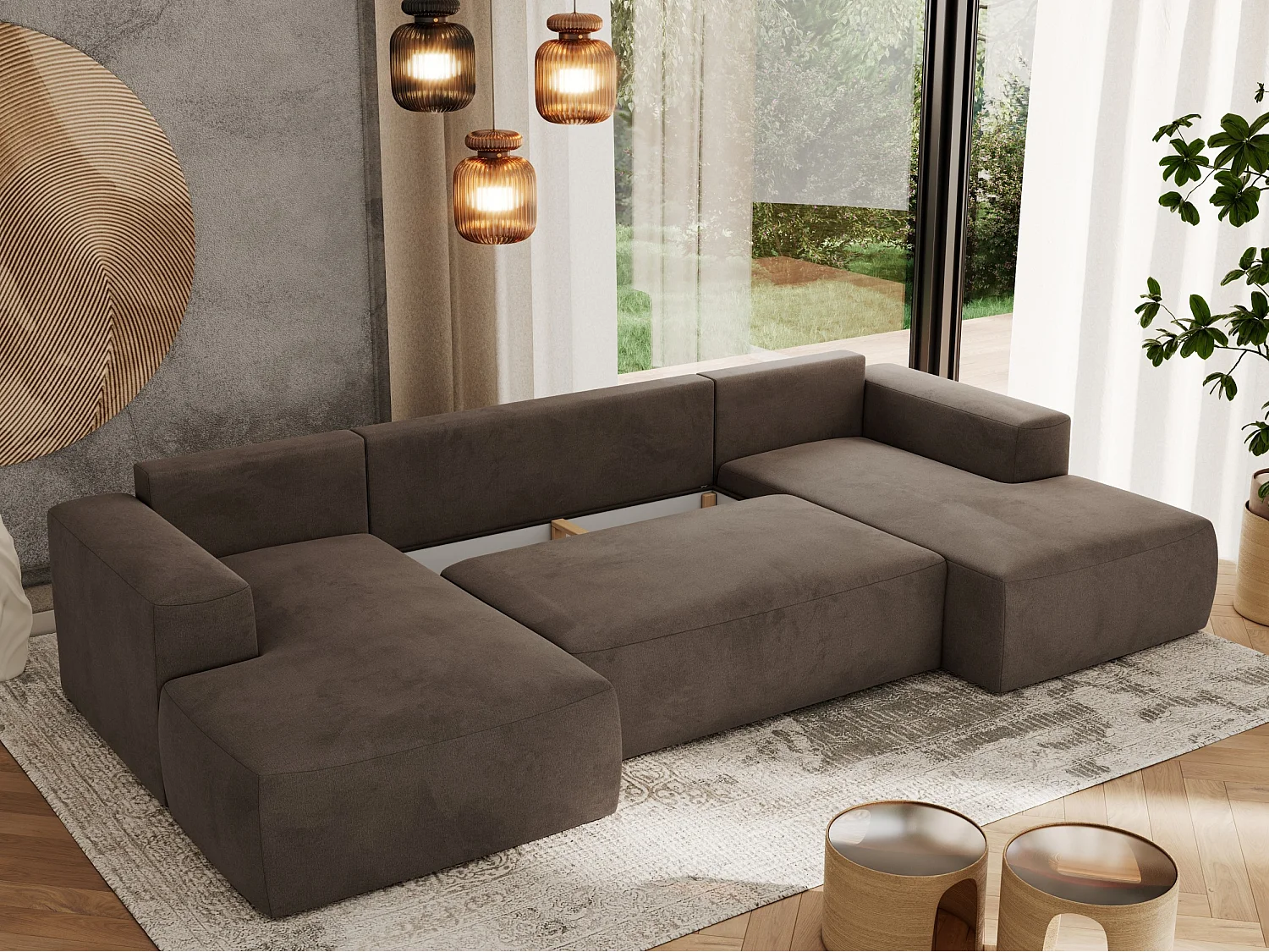 Ecksofa TRENTINO U - mit Schlaffunktion und Bettkasten, U-förmiges Wohnlandschaft, Armlehnen - Braun Velvet