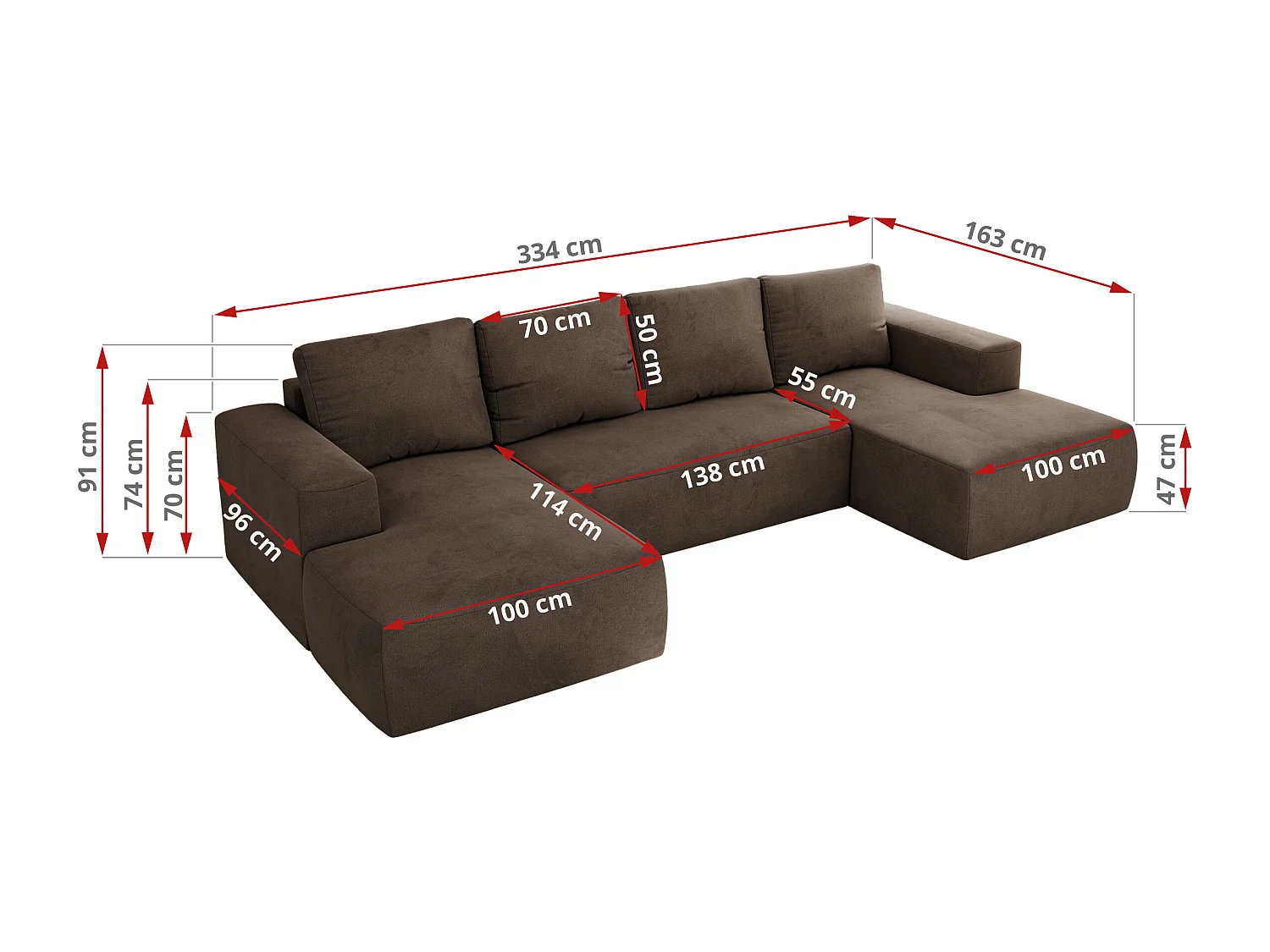 Ecksofa TRENTINO U - mit Schlaffunktion und Bettkasten, U-förmiges Wohnlandschaft, Armlehnen - Braun Velvet