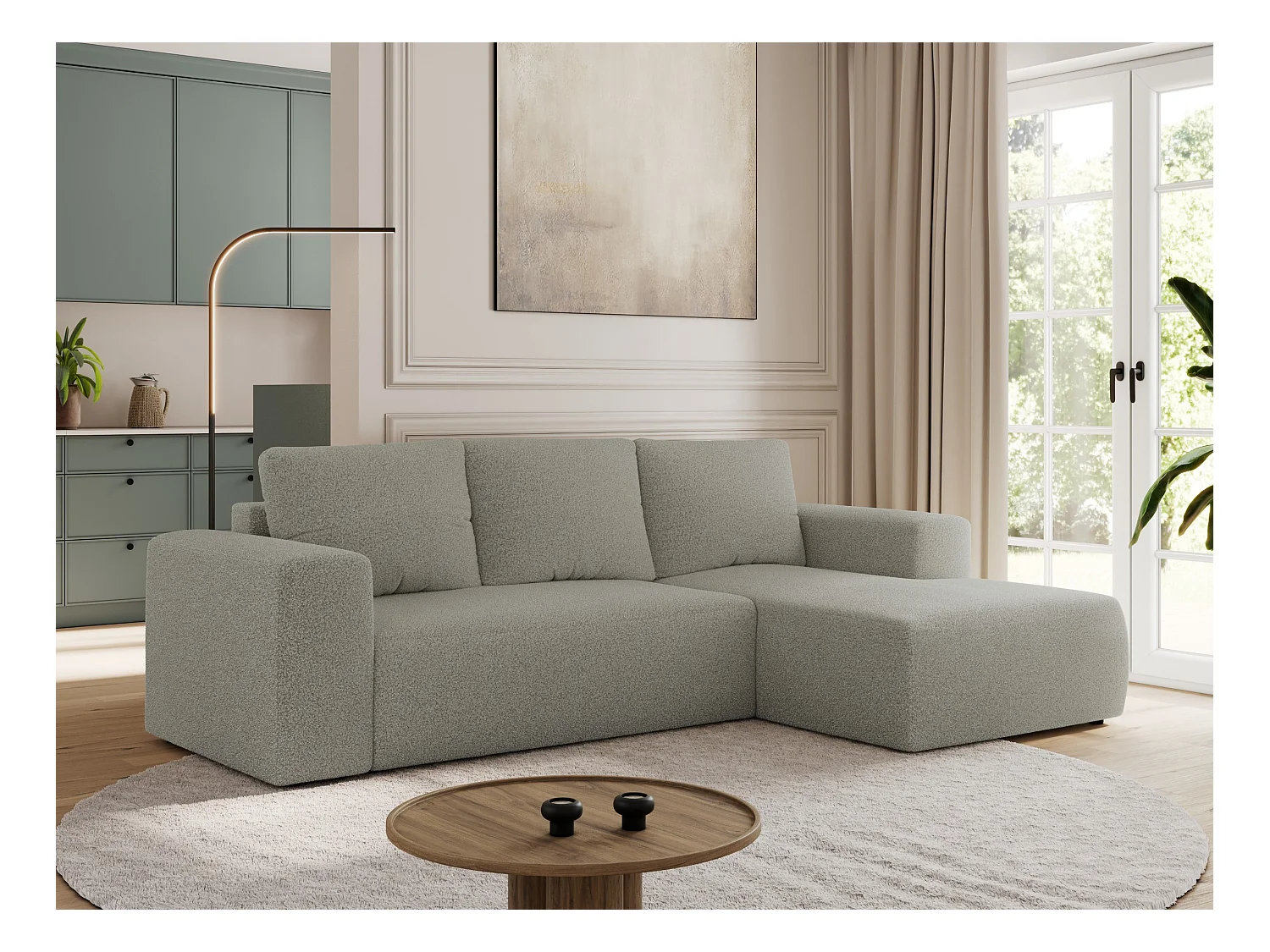 Ecksofa TRENTINO - mit Schlaffunktion und Bettkasten, L-form Couch, lose Kissen und Armlehnen - Hellgrau Boucle - Ecke Rechts