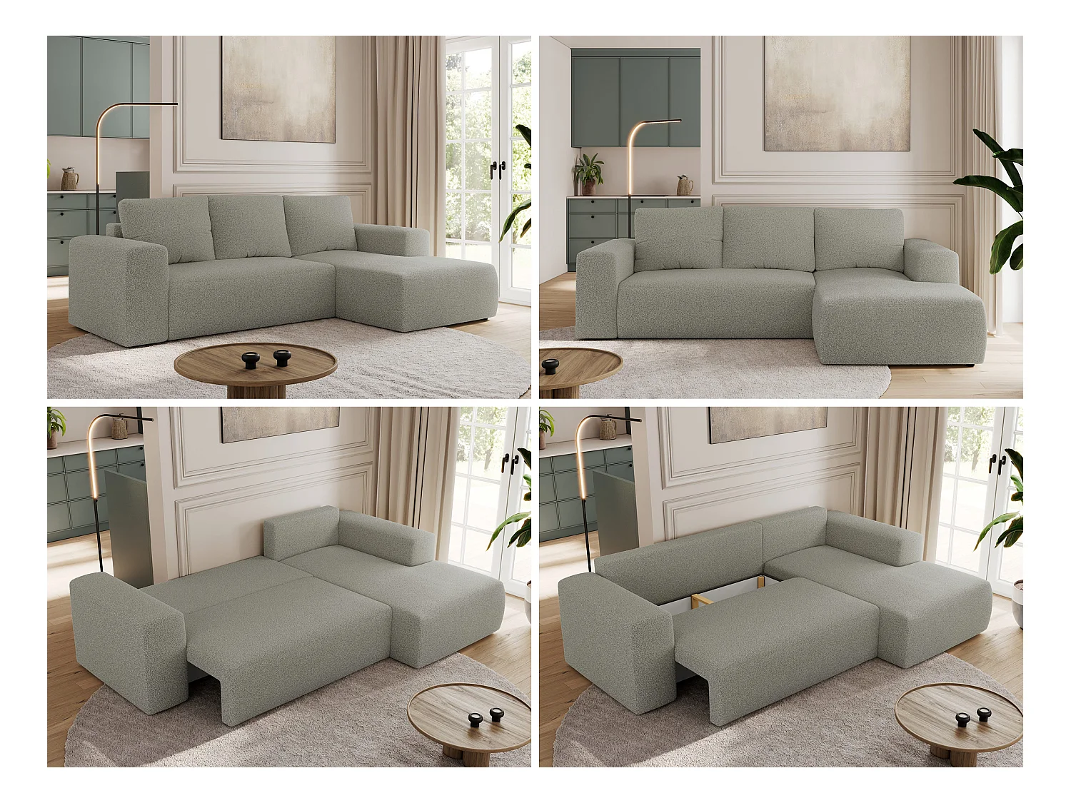 Ecksofa TRENTINO - mit Schlaffunktion und Bettkasten, L-form Couch, lose Kissen und Armlehnen - Hellgrau Boucle - Ecke Rechts