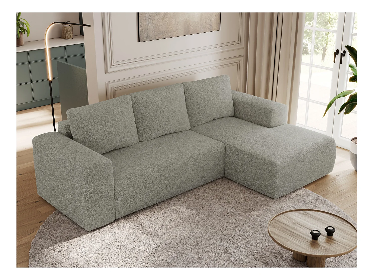 Ecksofa TRENTINO - mit Schlaffunktion und Bettkasten, L-form Couch, lose Kissen und Armlehnen - Hellgrau Boucle - Ecke Rechts