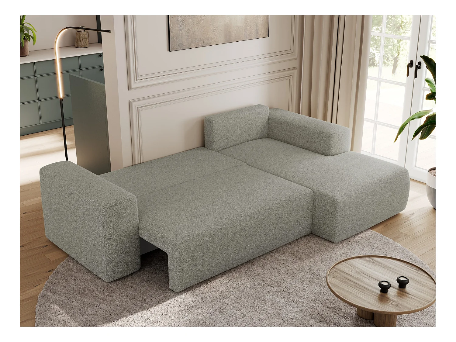 Ecksofa TRENTINO - mit Schlaffunktion und Bettkasten, L-form Couch, lose Kissen und Armlehnen - Hellgrau Boucle - Ecke Rechts