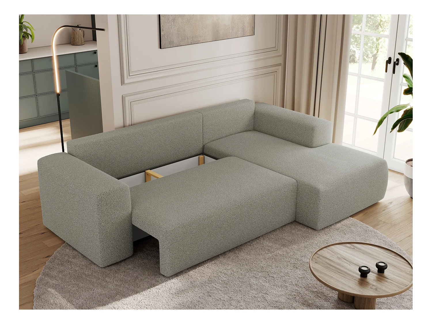 Ecksofa TRENTINO - mit Schlaffunktion und Bettkasten, L-form Couch, lose Kissen und Armlehnen - Hellgrau Boucle - Ecke Rechts