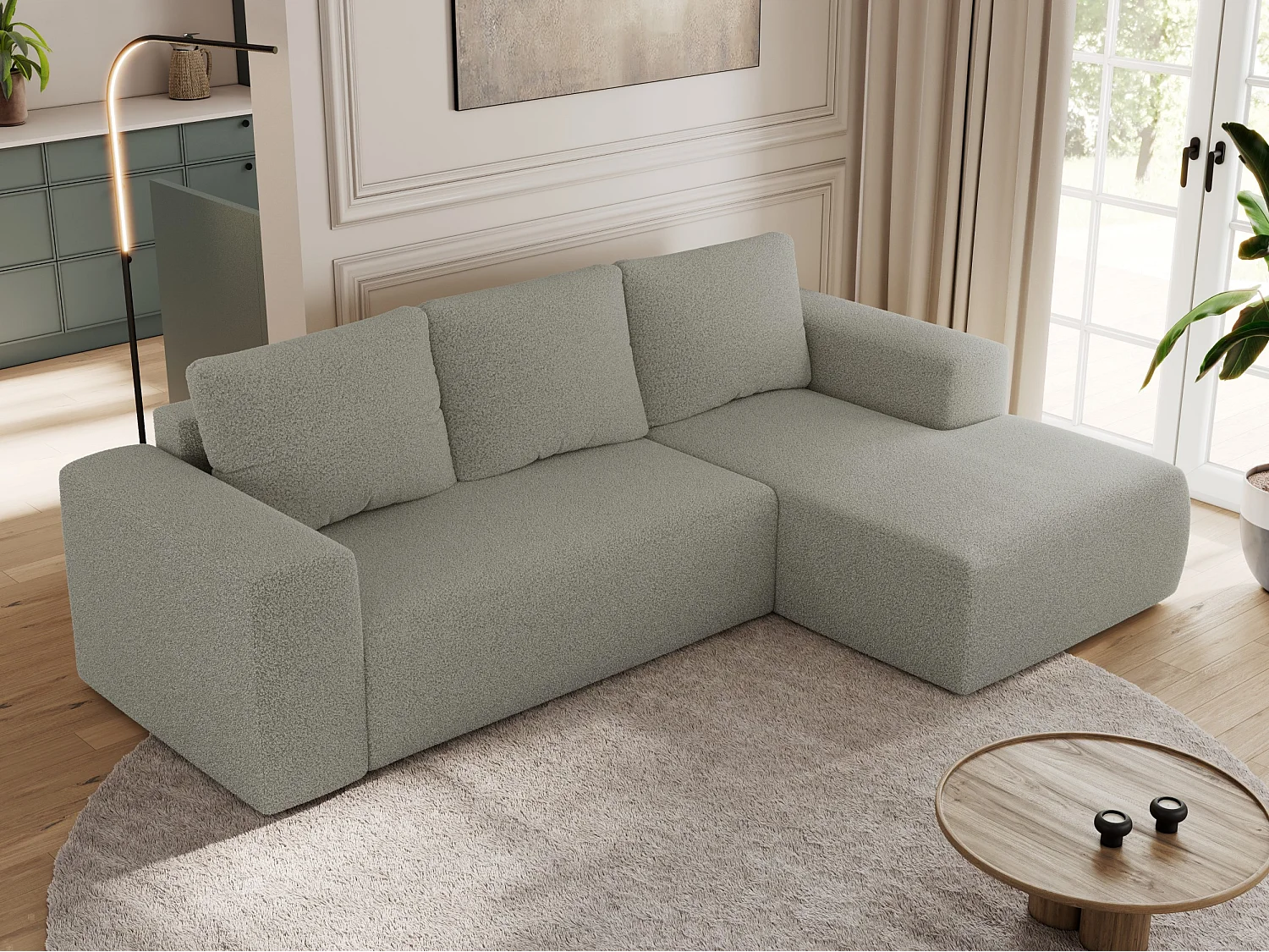 Ecksofa TRENTINO - mit Schlaffunktion und Bettkasten, L-form Couch, lose Kissen und Armlehnen - Hellgrau Boucle - Ecke Rechts