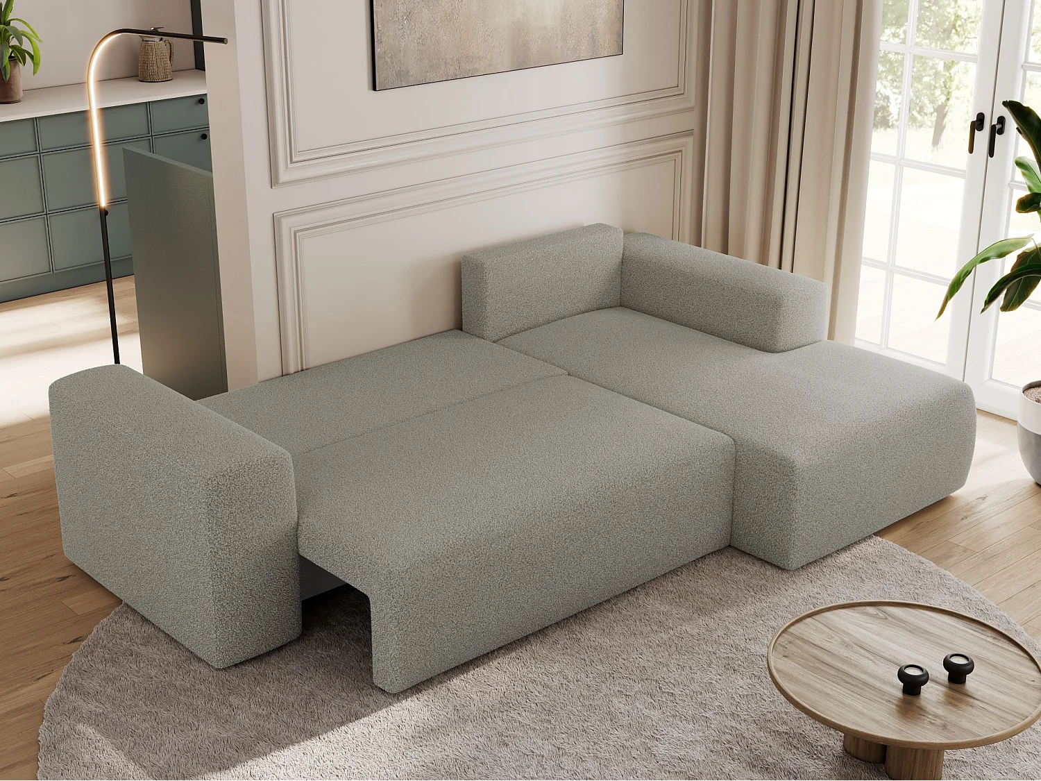 Ecksofa TRENTINO - mit Schlaffunktion und Bettkasten, L-form Couch, lose Kissen und Armlehnen - Hellgrau Boucle - Ecke Rechts