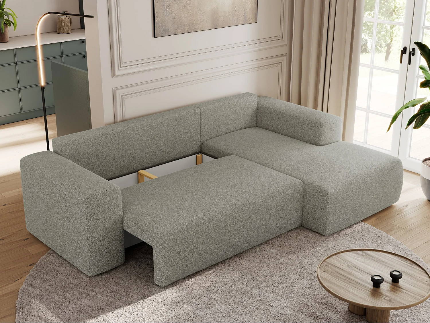 Ecksofa TRENTINO - mit Schlaffunktion und Bettkasten, L-form Couch, lose Kissen und Armlehnen - Hellgrau Boucle - Ecke Rechts