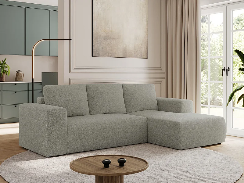 Ecksofa TRENTINO - mit Schlaffunktion und Bettkasten, L-form Couch, lose Kissen und Armlehnen - Hellgrau Boucle - Ecke Rechts