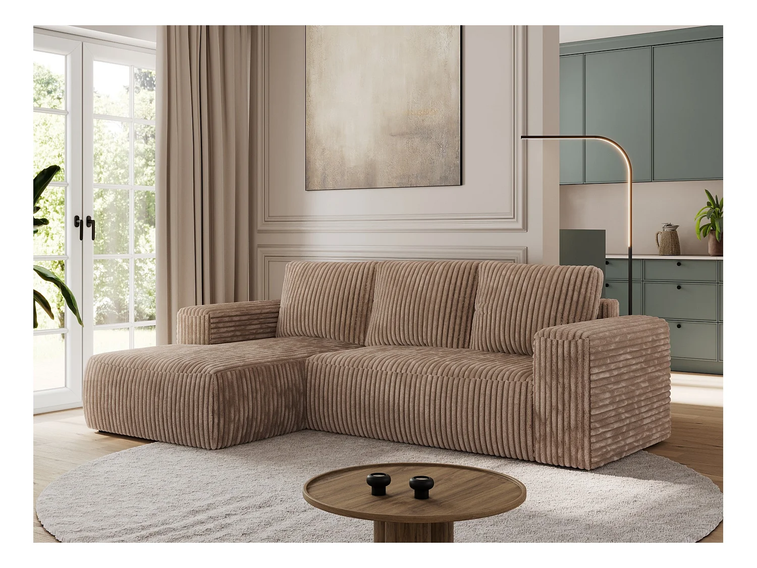Ecksofa TRENTINO - mit Schlaffunktion und Bettkasten, L-form Couch, lose Kissen und Armlehnen - Braun Cord - Ecke Links