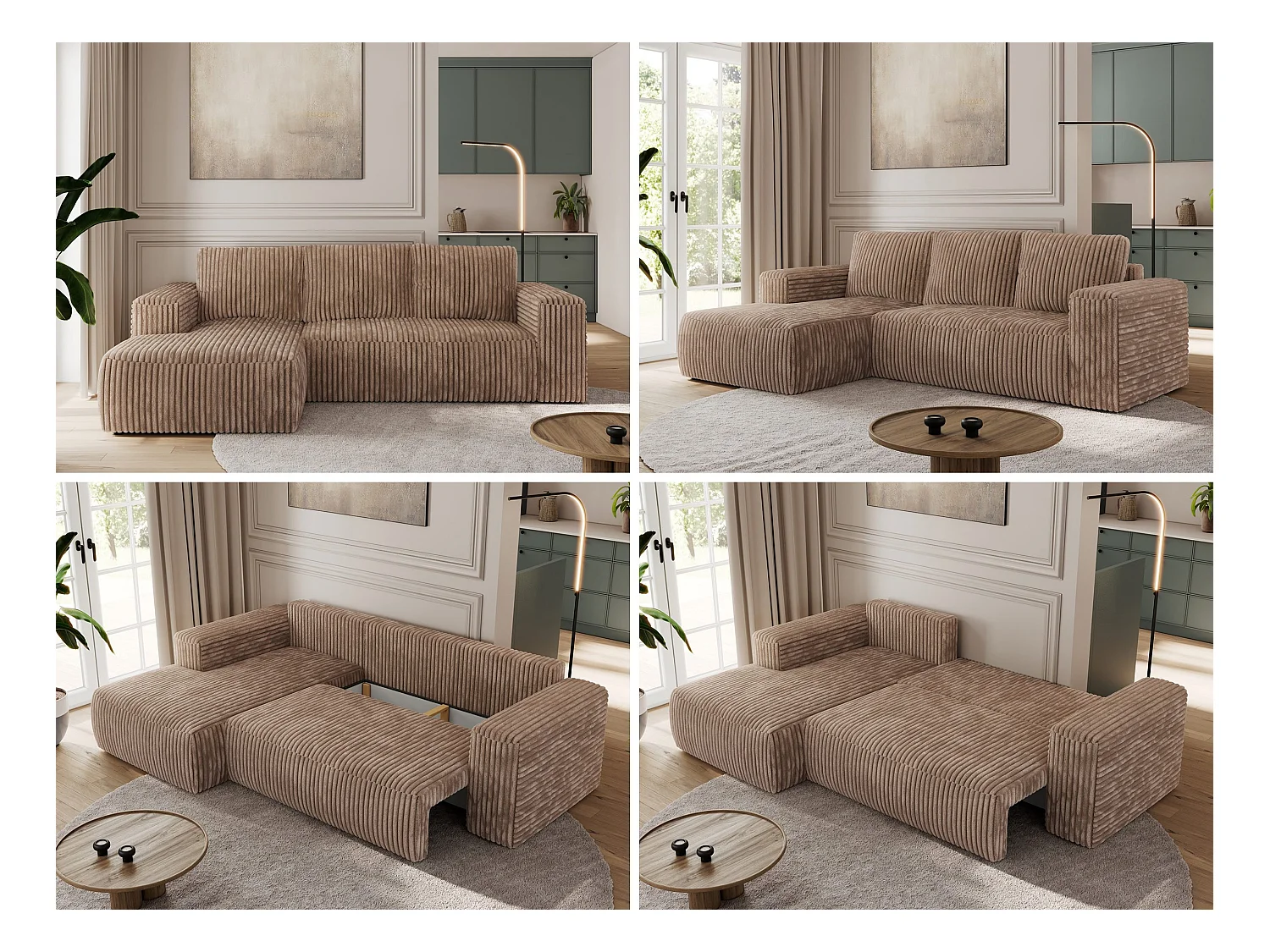 Ecksofa TRENTINO - mit Schlaffunktion und Bettkasten, L-form Couch, lose Kissen und Armlehnen - Braun Cord - Ecke Links