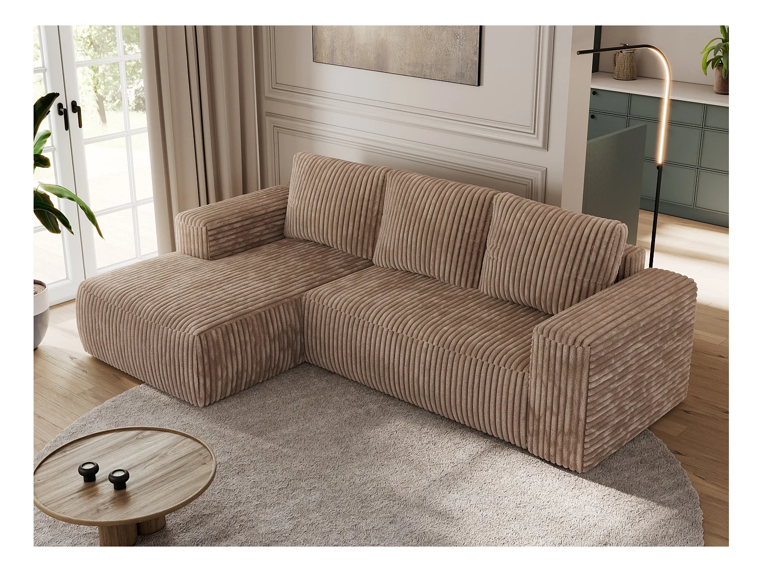 Ecksofa TRENTINO - mit Schlaffunktion und Bettkasten, L-form Couch, lose Kissen und Armlehnen - Braun Cord - Ecke Links
