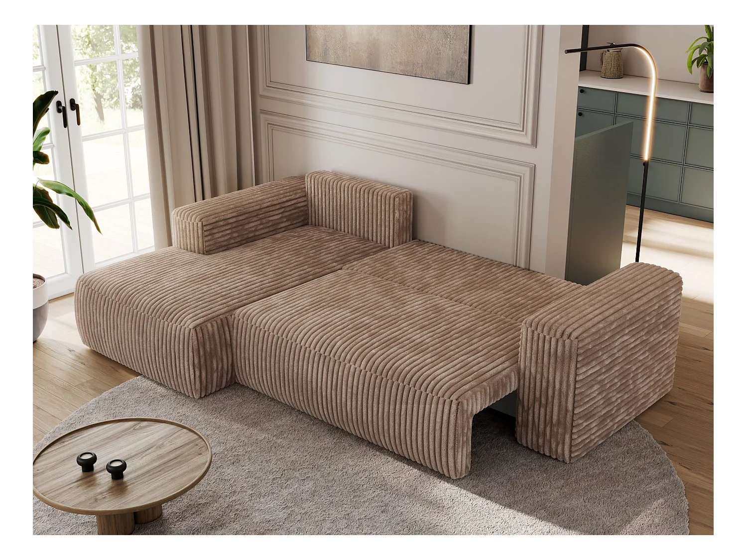 Ecksofa TRENTINO - mit Schlaffunktion und Bettkasten, L-form Couch, lose Kissen und Armlehnen - Braun Cord - Ecke Links