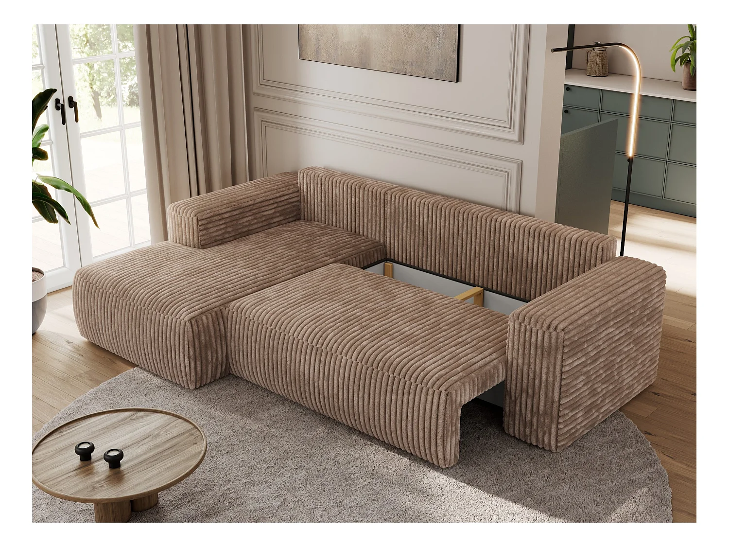 Ecksofa TRENTINO - mit Schlaffunktion und Bettkasten, L-form Couch, lose Kissen und Armlehnen - Braun Cord - Ecke Links