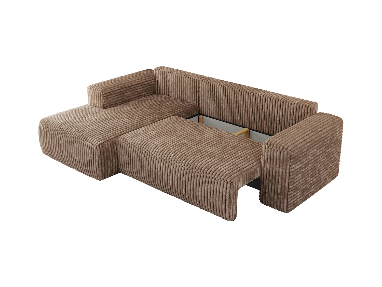 Ecksofa TRENTINO - mit Schlaffunktion und Bettkasten, L-form Couch, lose Kissen und Armlehnen - Braun Cord - Ecke Links