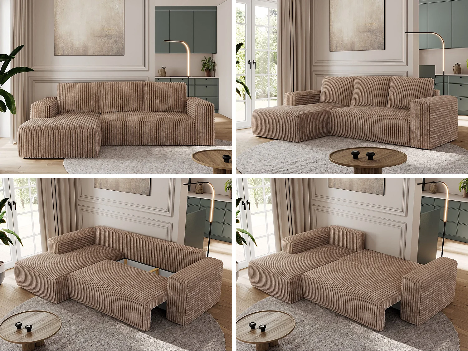 Ecksofa TRENTINO - mit Schlaffunktion und Bettkasten, L-form Couch, lose Kissen und Armlehnen - Braun Cord - Ecke Links
