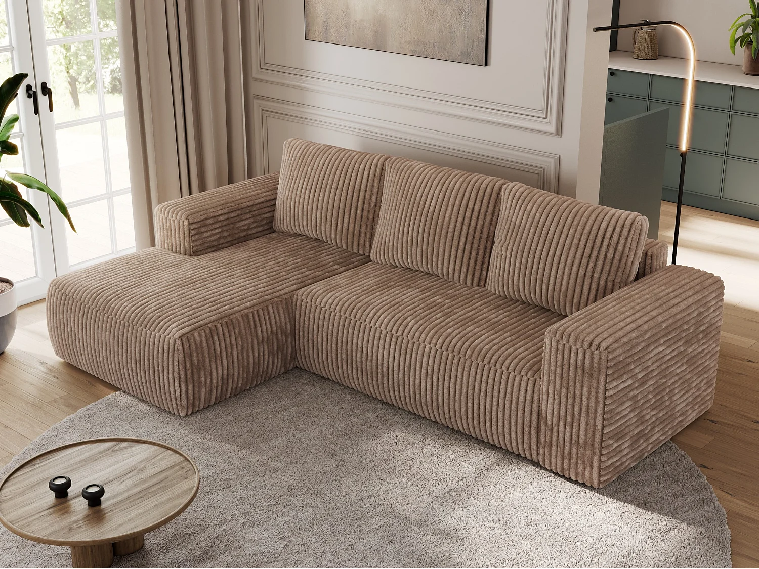 Ecksofa TRENTINO - mit Schlaffunktion und Bettkasten, L-form Couch, lose Kissen und Armlehnen - Braun Cord - Ecke Links