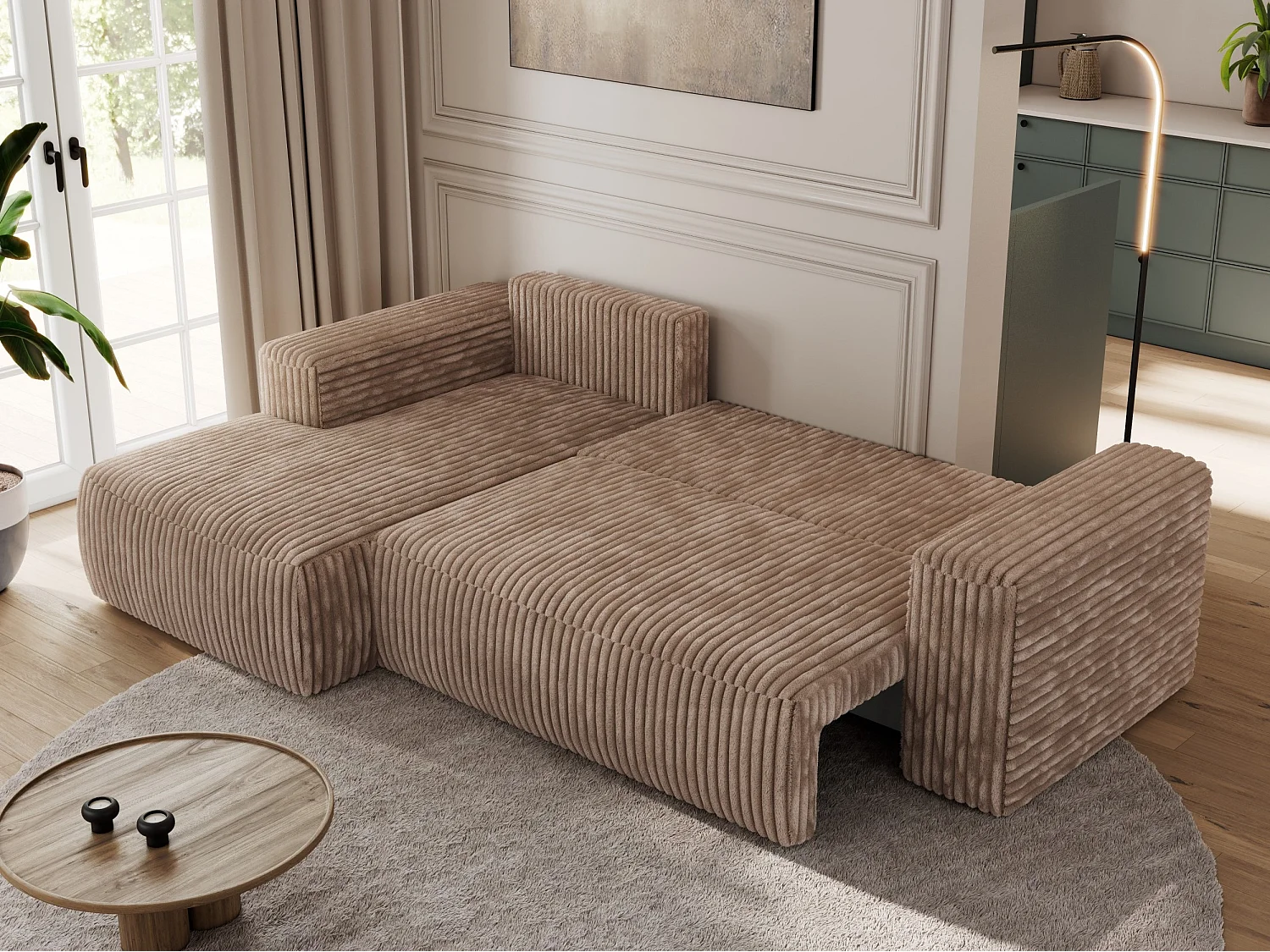 Ecksofa TRENTINO - mit Schlaffunktion und Bettkasten, L-form Couch, lose Kissen und Armlehnen - Braun Cord - Ecke Links